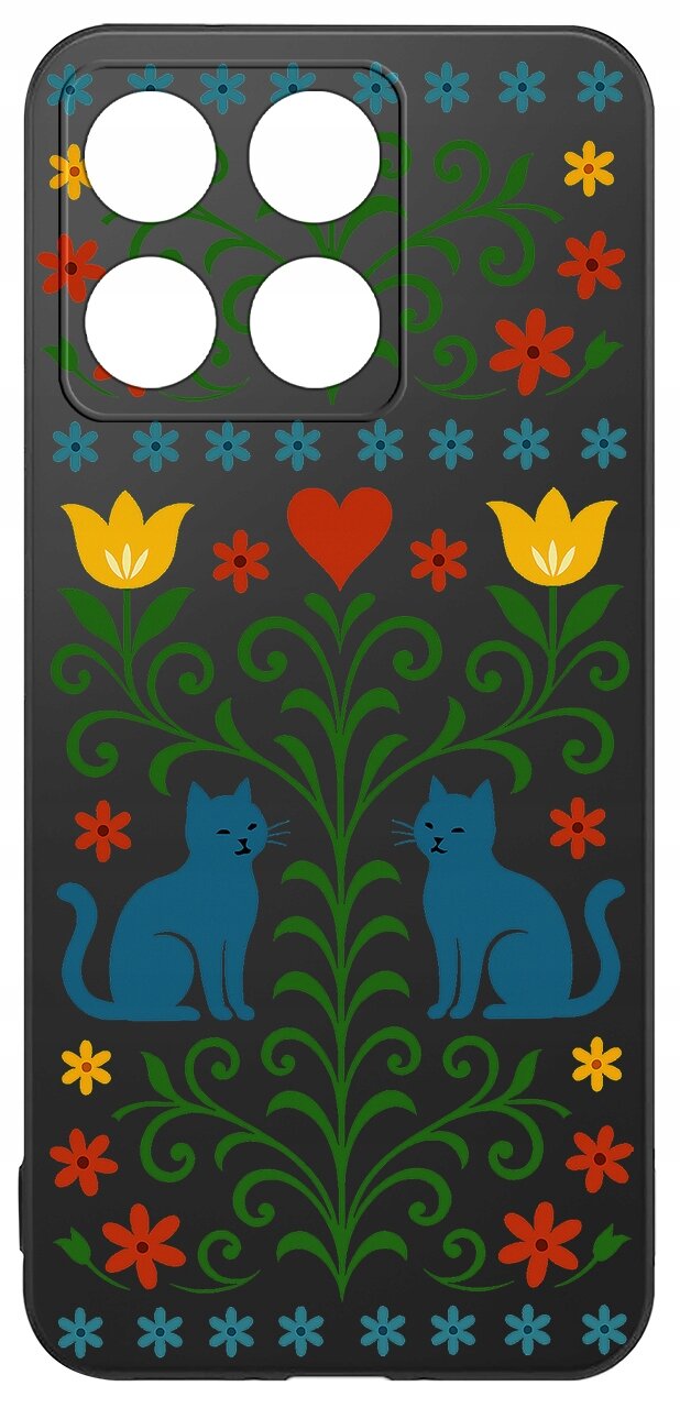 Etui na telefon z kolorowym wzorem przedstawiającym dwa niebieskie koty, żółte kwiaty i czerwone serce na czarnym tle. Wzór jest symetryczny i ozdobiony dodatkowymi kwiatami w różnych kolorach.