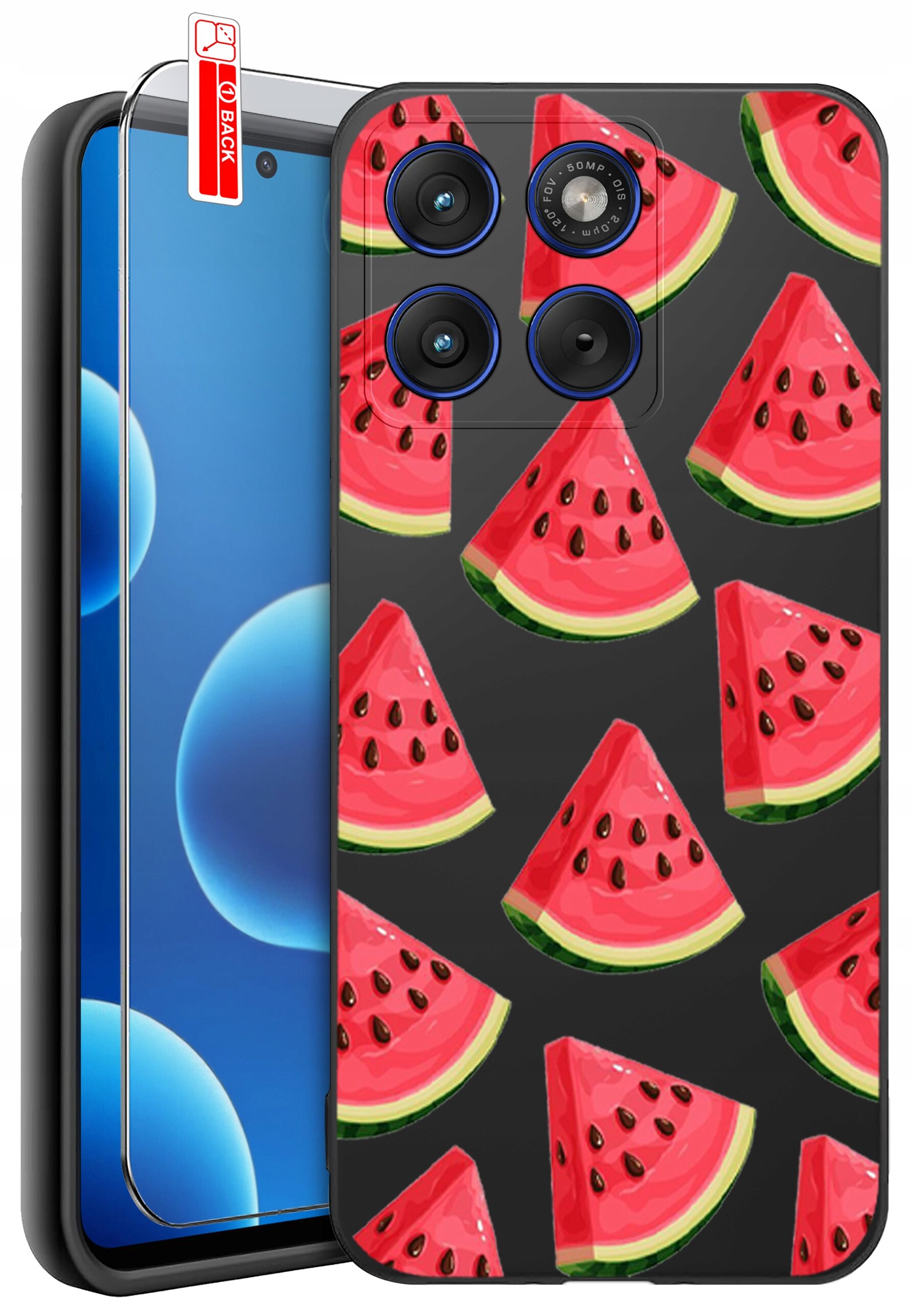 Obraz przedstawia etui na telefon z wzorem kawałków arbuza na ciemnym tle. Obok etui znajduje się szkło ochronne z oznaczeniem \'BACK\'.