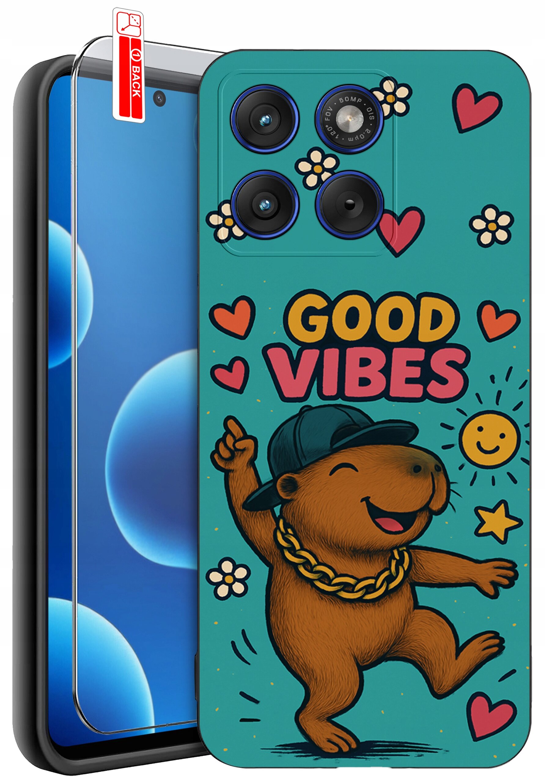 Etui na telefon z kolorowym wzorem przedstawiającym uśmiechnięte zwierzę w czapce, otoczone sercami, kwiatami i napisem \'GOOD VIBES\'. Obok etui znajduje się szkło ochronne z oznaczeniem \'BACK\'.