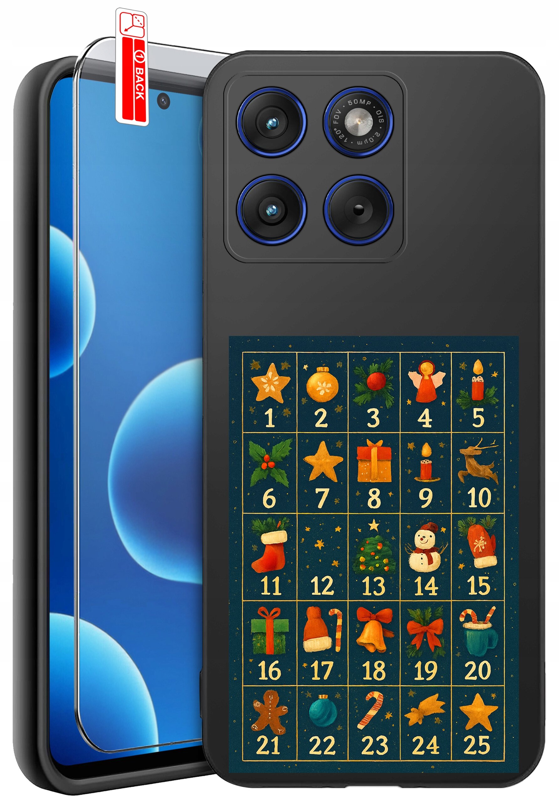 Etui na telefon z motywem świątecznym, przedstawiające kalendarz adwentowy z numerami od 1 do 25 i różnymi świątecznymi symbolami. Obok etui znajduje się szkło ochronne z oznaczeniem \'BACK\'.