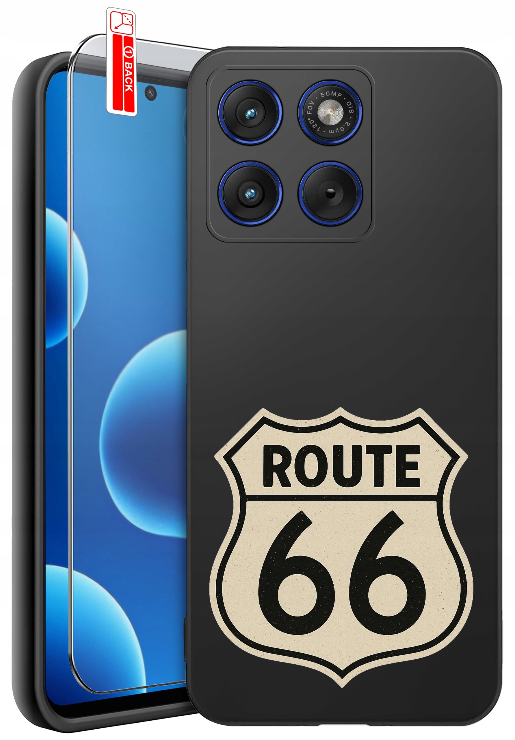 Obraz przedstawia czarne etui na telefon z nadrukiem \'ROUTE 66\' oraz szkło ochronne z oznaczeniem \'BACK\'.