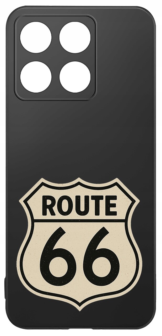 Czarne etui na telefon z dużym białym logo \'ROUTE 66\' na dole. W górnej części znajduje się wycięcie na cztery obiektywy aparatu.