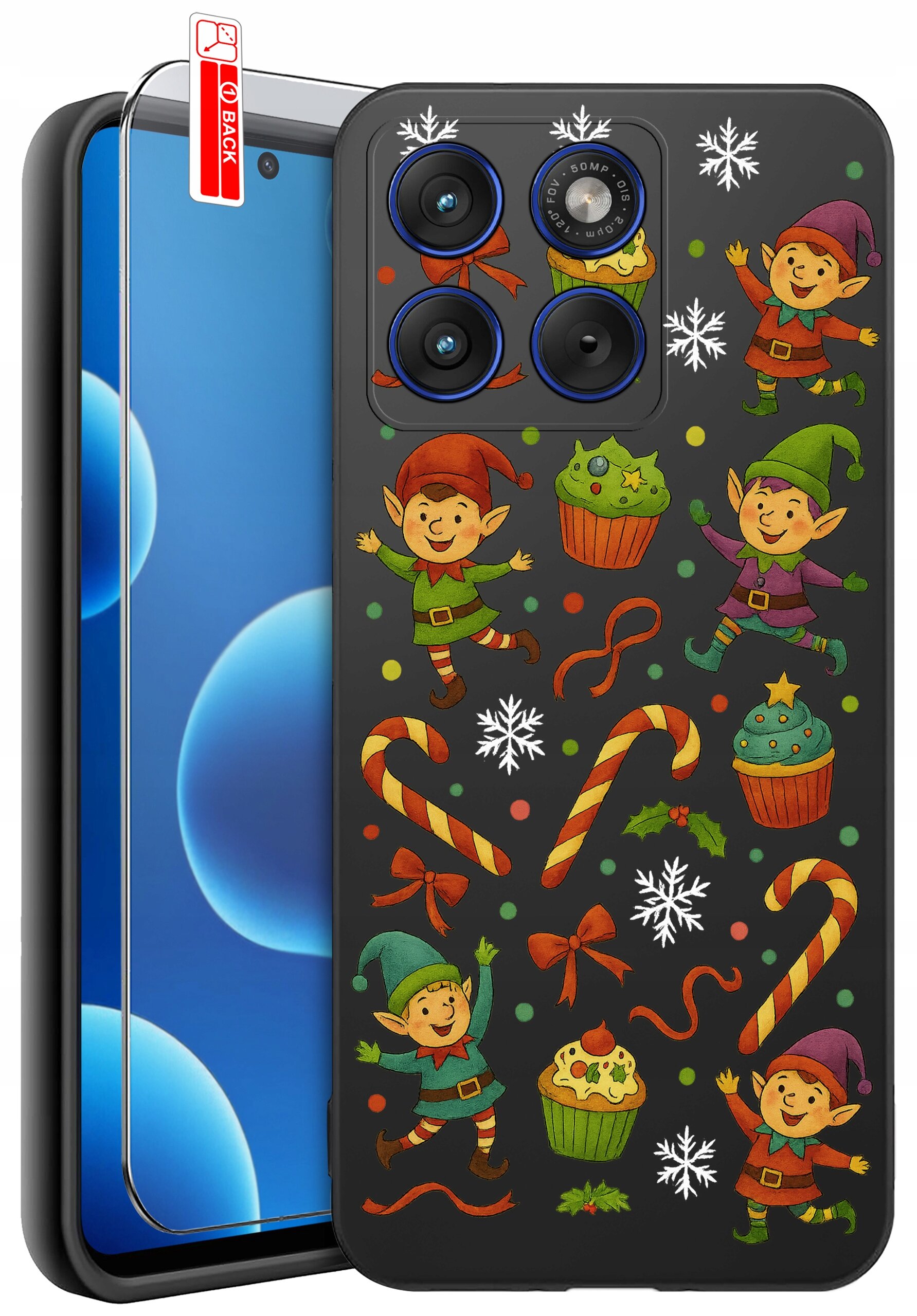 Etui na telefon z kolorowym wzorem przedstawiającym elfy, cukierki, babeczki i śnieżynki. Obok etui znajduje się szkło ochronne z napisem \'BACK\'.