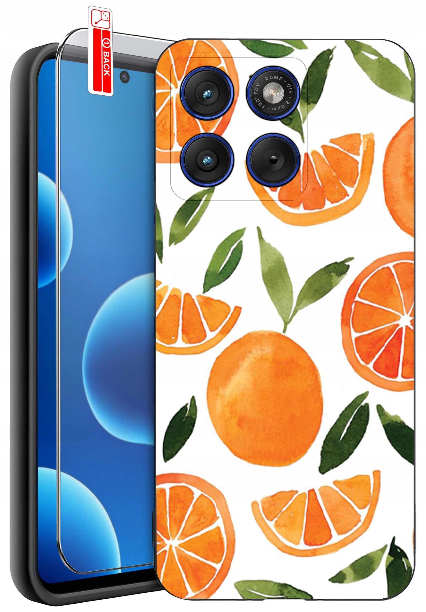 Etui na telefon z wzorem pomarańczy i liści, obok którego znajduje się szkło ochronne z oznaczeniem \'BACK\'.