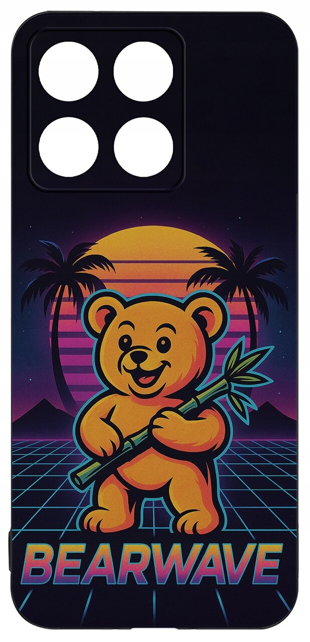 Etui z kolorowym nadrukiem przedstawiającym uśmiechniętego misia trzymającego bambus, na tle zachodzącego słońca i palm. Na dole widnieje napis \'BEARWAVE\'.