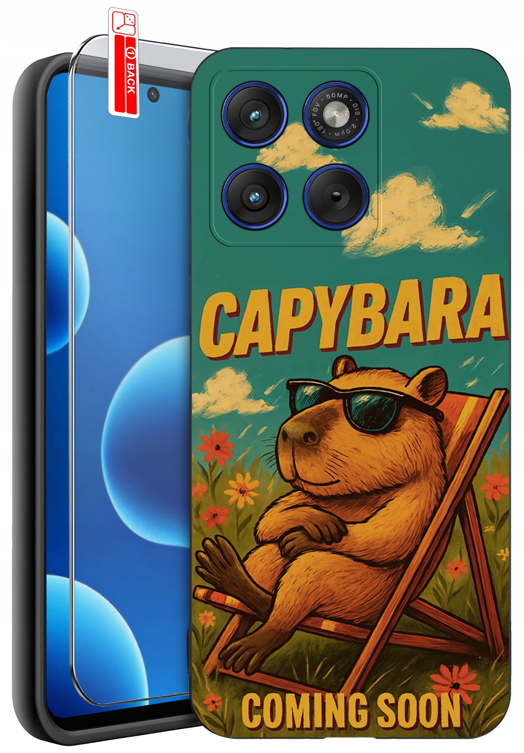 Etui na telefon z grafiką kapibary w okularach przeciwsłonecznych, siedzącej na leżaku, z napisem \'CAPYBARA COMING SOON\'. Obok etui znajduje się szkło ochronne z oznaczeniem \'BACK\'.