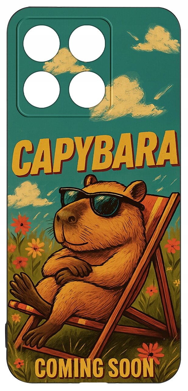 Etui z grafiką kapibary w okularach przeciwsłonecznych, siedzącej na leżaku wśród kwiatów. Na etui widnieje tekst: \'CAPYBARA COMING SOON\'.
