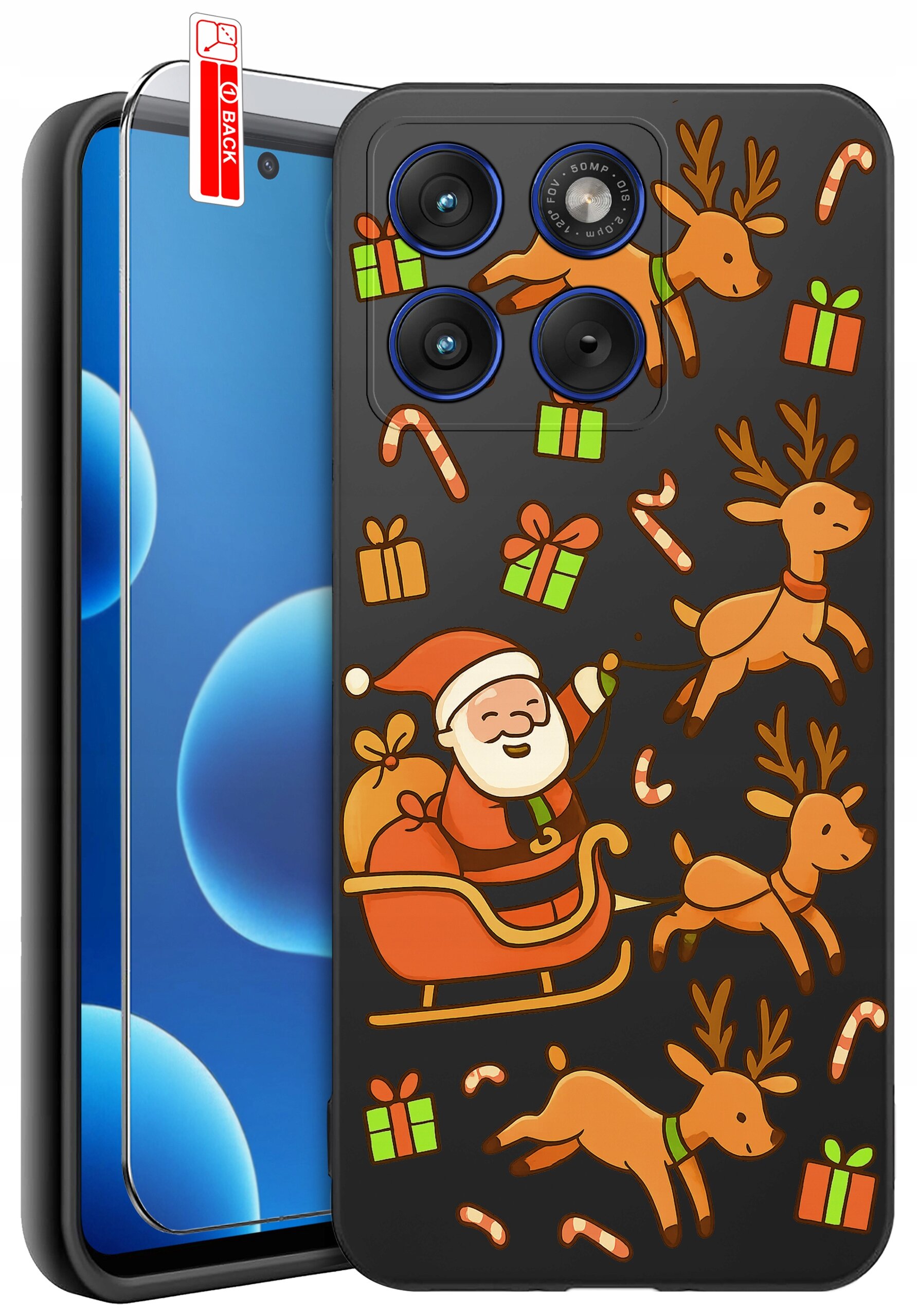 Etui na telefon z motywem świątecznym przedstawiającym Mikołaja w saniach, renifery, prezenty i laski cukrowe. Obok etui znajduje się szkło ochronne z napisem \'BACK\'.