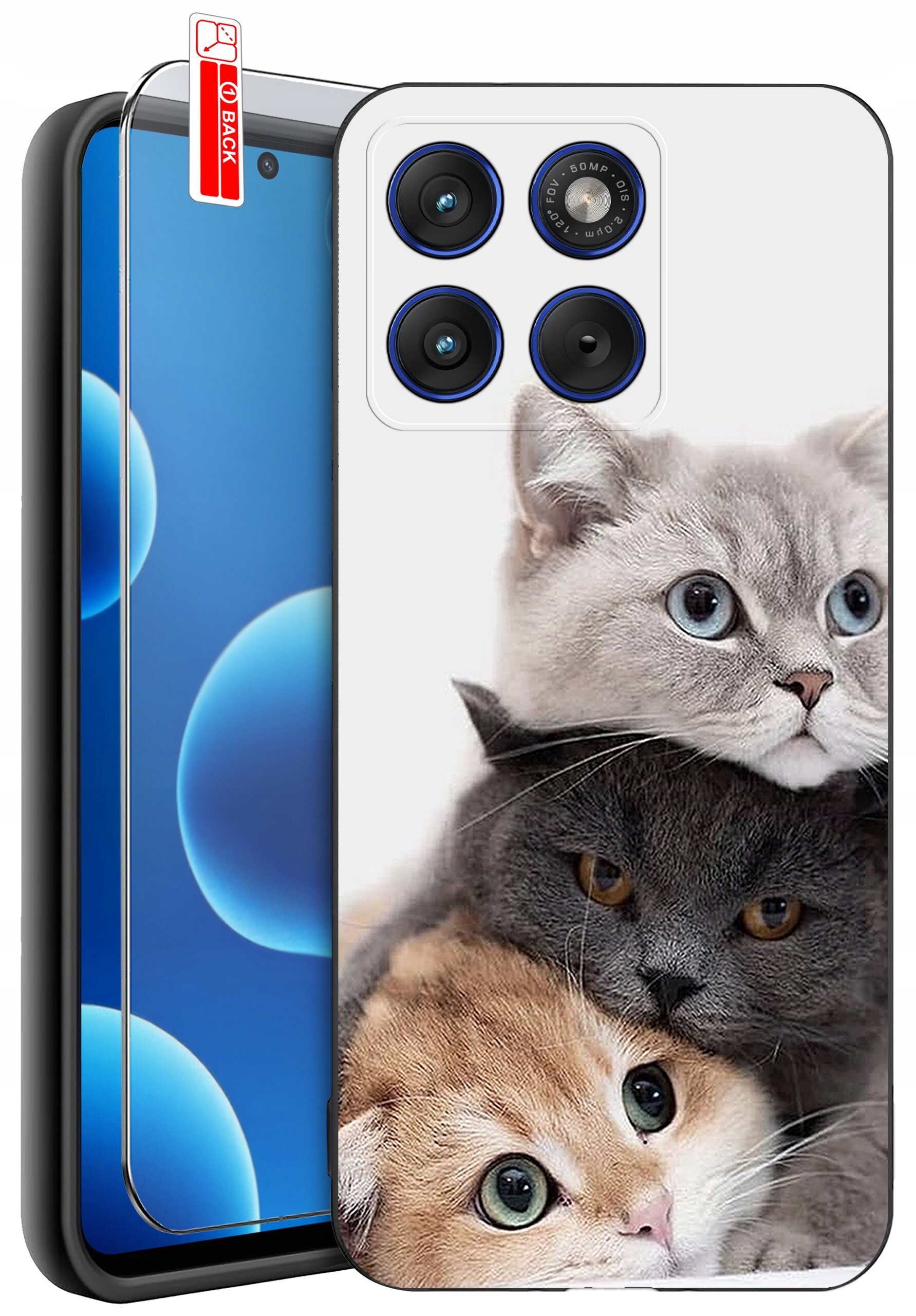 Etui na telefon z nadrukiem trzech kotów, z przezroczystą osłoną na ekran. Widoczne są cztery otwory na aparaty oraz napis \'BACK\' na czerwonym tle na osłonie.