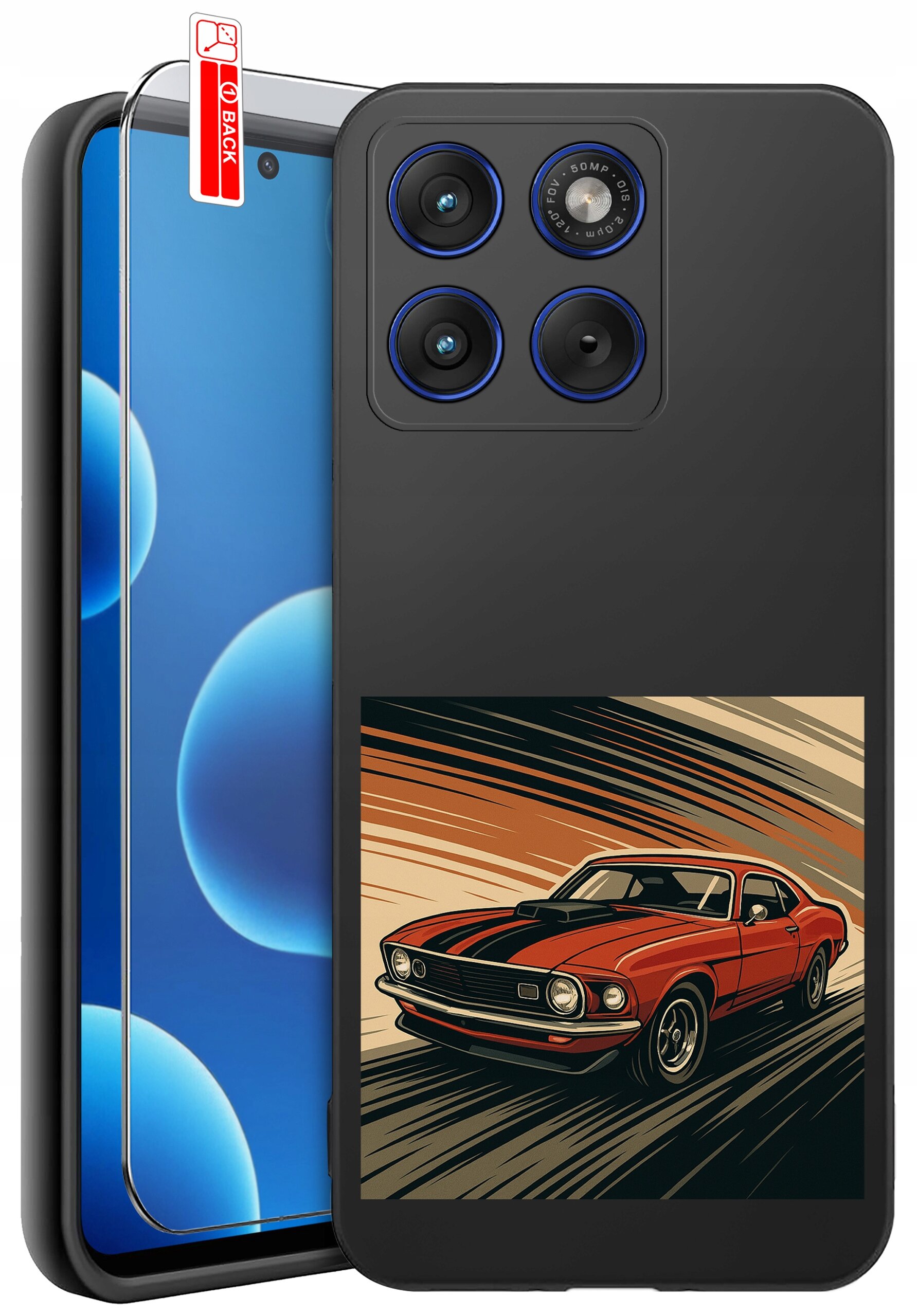 Etui na telefon z grafiką przedstawiającą czerwony samochód sportowy na tle dynamicznych linii. Obok etui znajduje się szkło ochronne z napisem \'BACK\'.