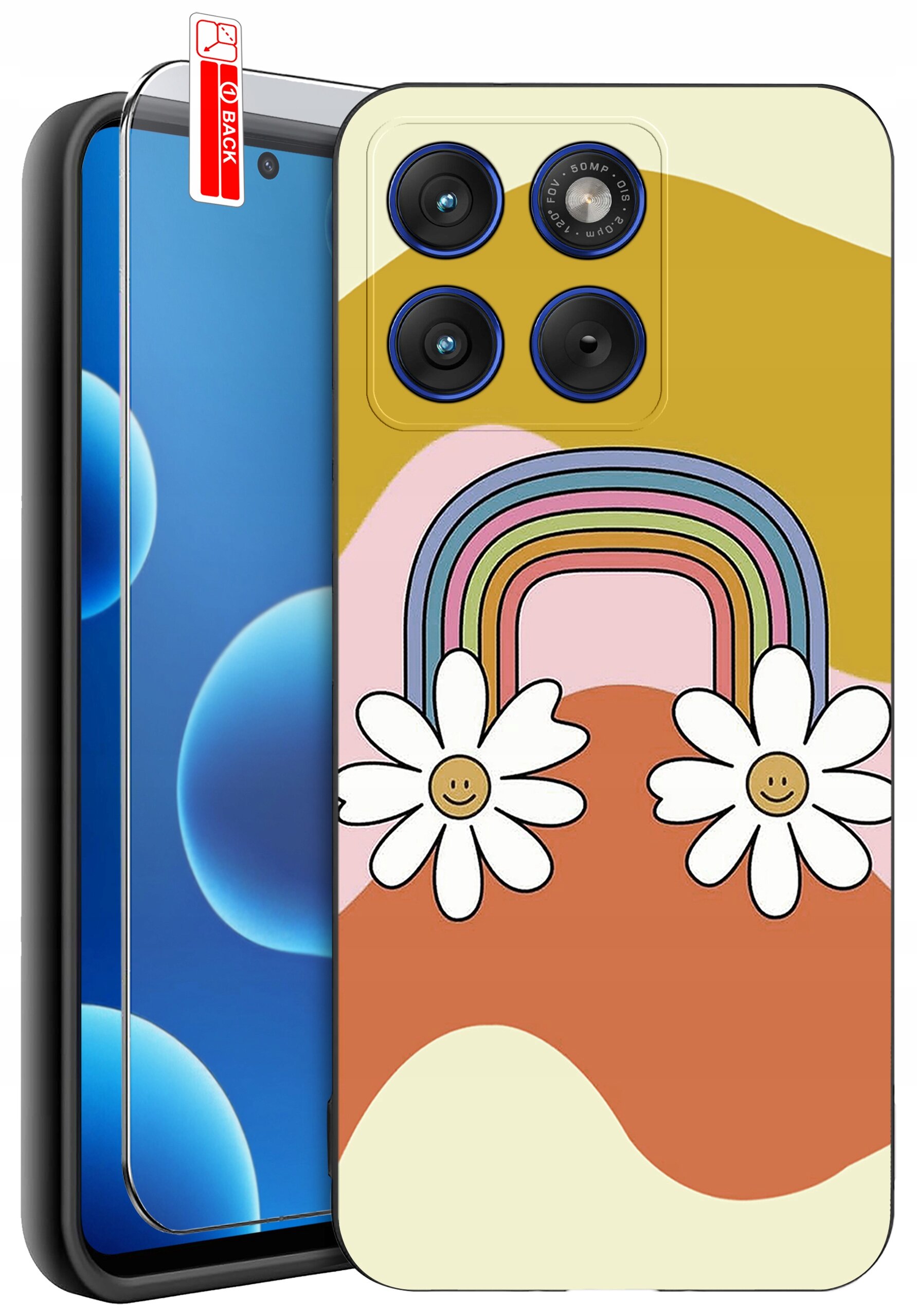 Etui na telefon z kolorowym wzorem tęczy i dwoma uśmiechniętymi kwiatami. Obok znajduje się szkło ochronne z napisem \'BACK\'.
