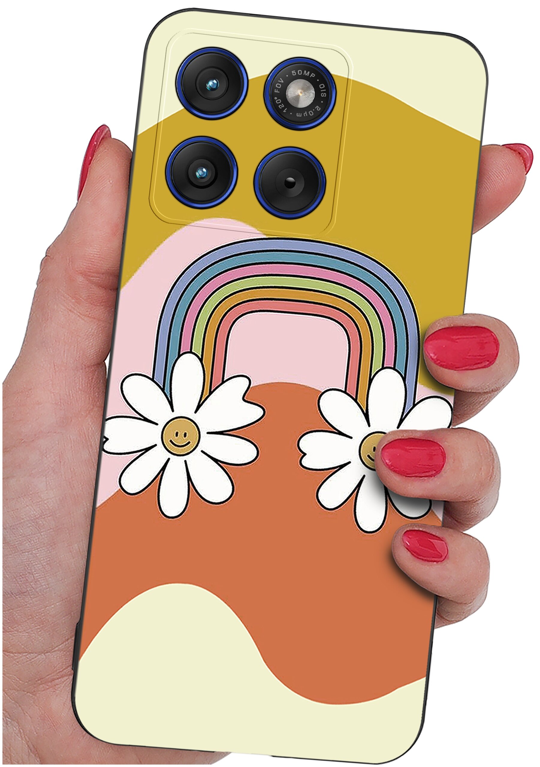 Etui na telefon z kolorowym wzorem tęczy i dwoma kwiatami z uśmiechniętymi buźkami. Etui jest trzymane w dłoni z pomalowanymi na czerwono paznokciami.