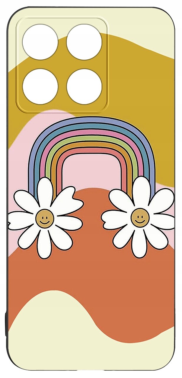Etui na telefon z kolorowym wzorem tęczy i dwoma uśmiechniętymi kwiatami na tle w odcieniach żółci, różu i pomarańczu. W górnej części znajdują się cztery okrągłe otwory na aparat.
