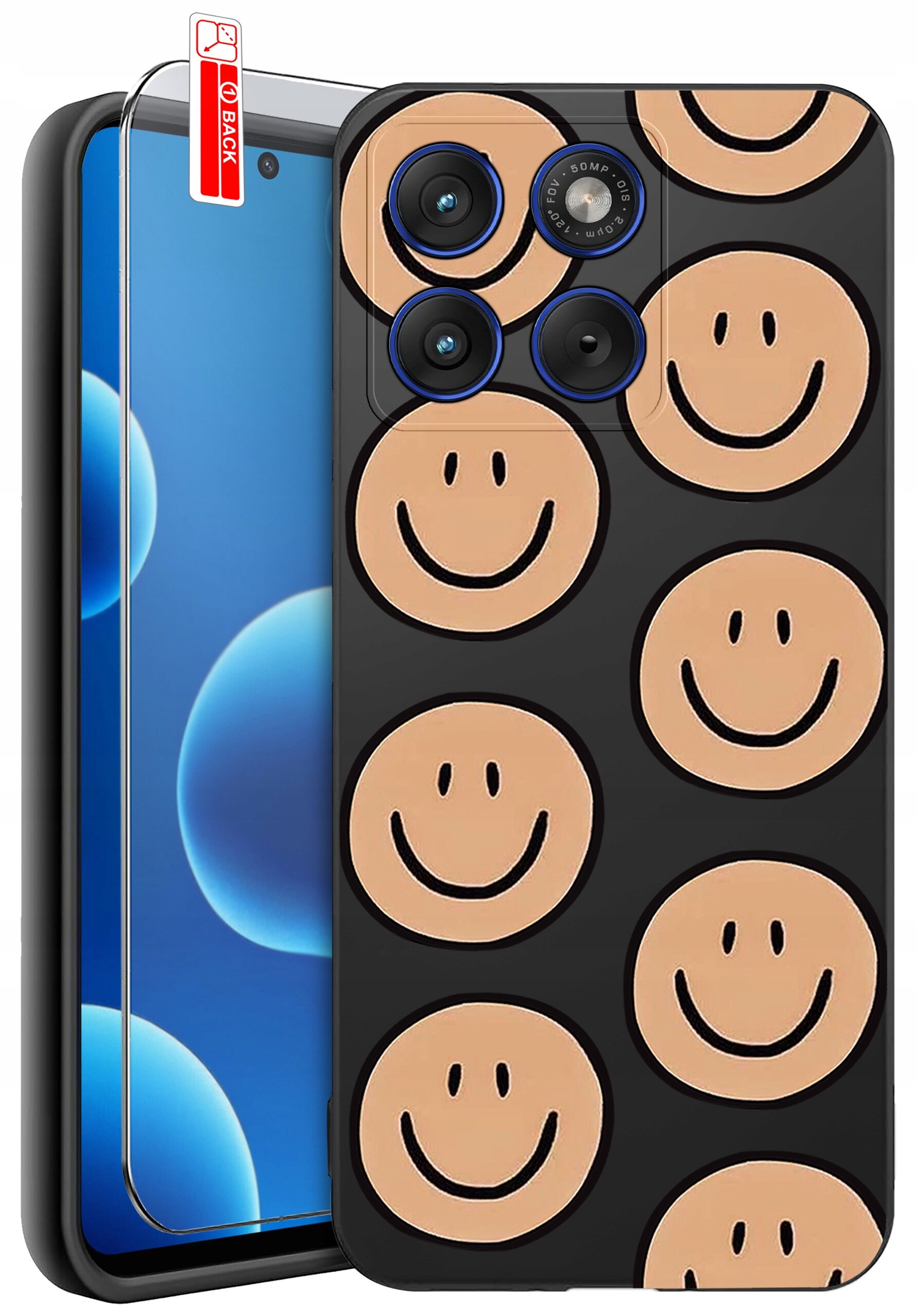 Etui na telefon z czarnym tłem i wzorem uśmiechniętych buziek w kolorze beżowym. Obok etui znajduje się szkło ochronne z napisem \'BACK\'.
