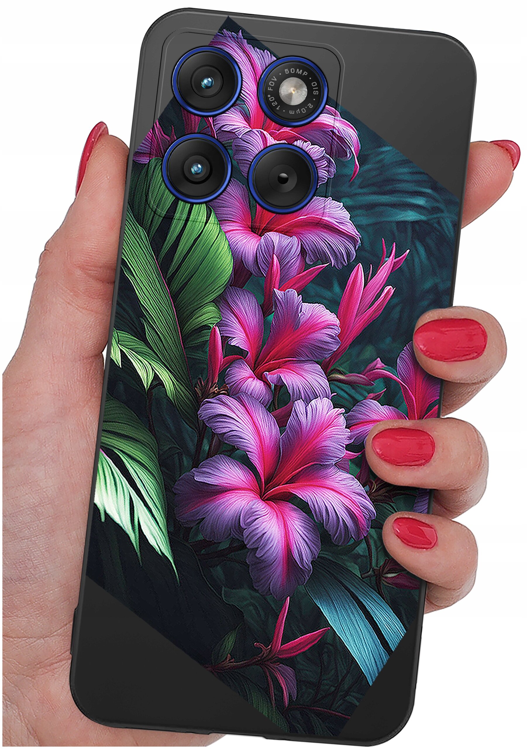 Osoba trzyma telefon z etui ozdobionym wzorem kwiatów w odcieniach różu i zieleni. Na etui widoczne są trzy obiektywy aparatu oraz napis \'48 MP\'.