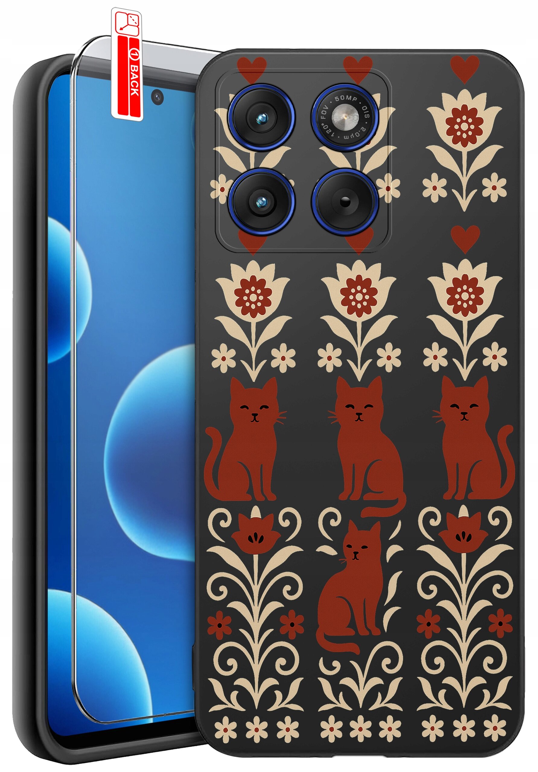 Etui na telefon z wzorem przedstawiającym czerwone koty i kwiaty na ciemnym tle. Obok etui znajduje się szkło ochronne z naklejką \'BACK\'.