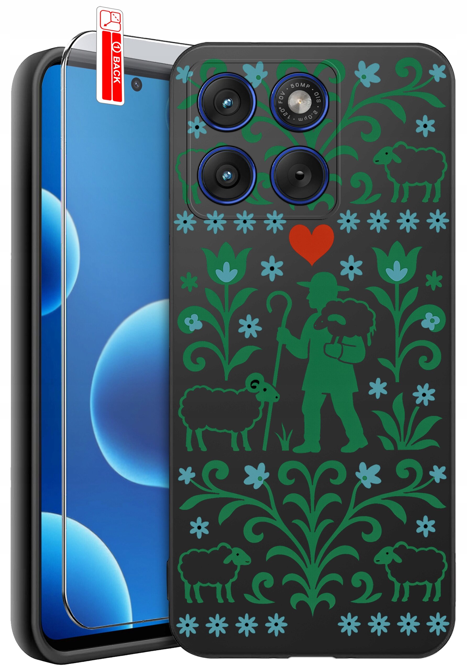 Etui na telefon z motywem pasterza z owcami, kwiatami i sercem, w kolorach zielonym i czerwonym na czarnym tle. Obok znajduje się szkło ochronne z napisem \'BACK\'.