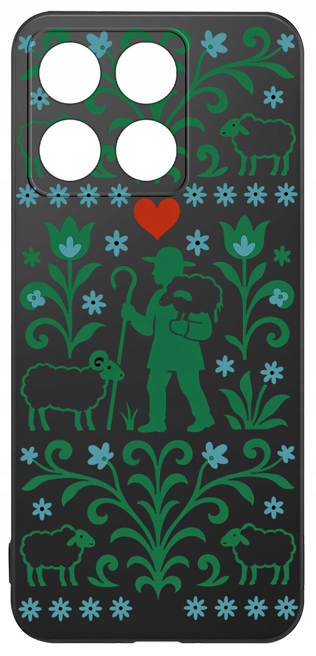 Etui na telefon z motywem pasterza z owcami, otoczonego zielonymi roślinami i niebieskimi kwiatami, z czerwonym sercem na górze. Tło jest ciemne, a wzory są w kolorach zielonym, niebieskim i czerwonym.