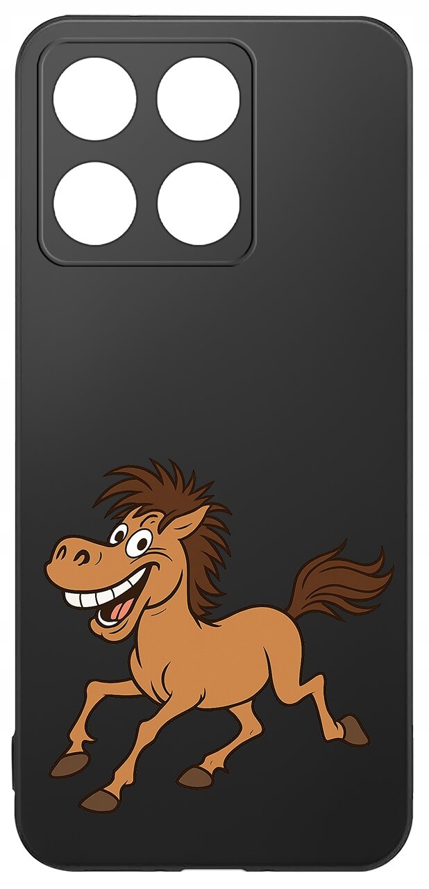 Czarne etui na telefon z grafiką uśmiechniętego konia. Etui ma wycięcia na cztery obiektywy aparatu.