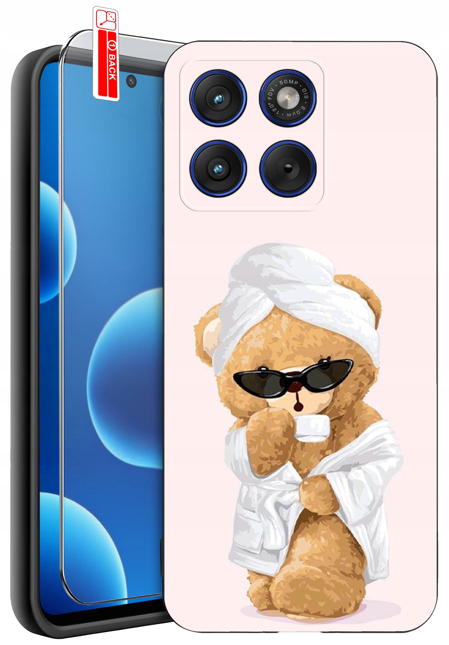 Etui na telefon z nadrukiem misia w okularach przeciwsłonecznych, szlafroku i turbanie na głowie. Obok etui znajduje się szkło ochronne z napisem \'BACK\'.