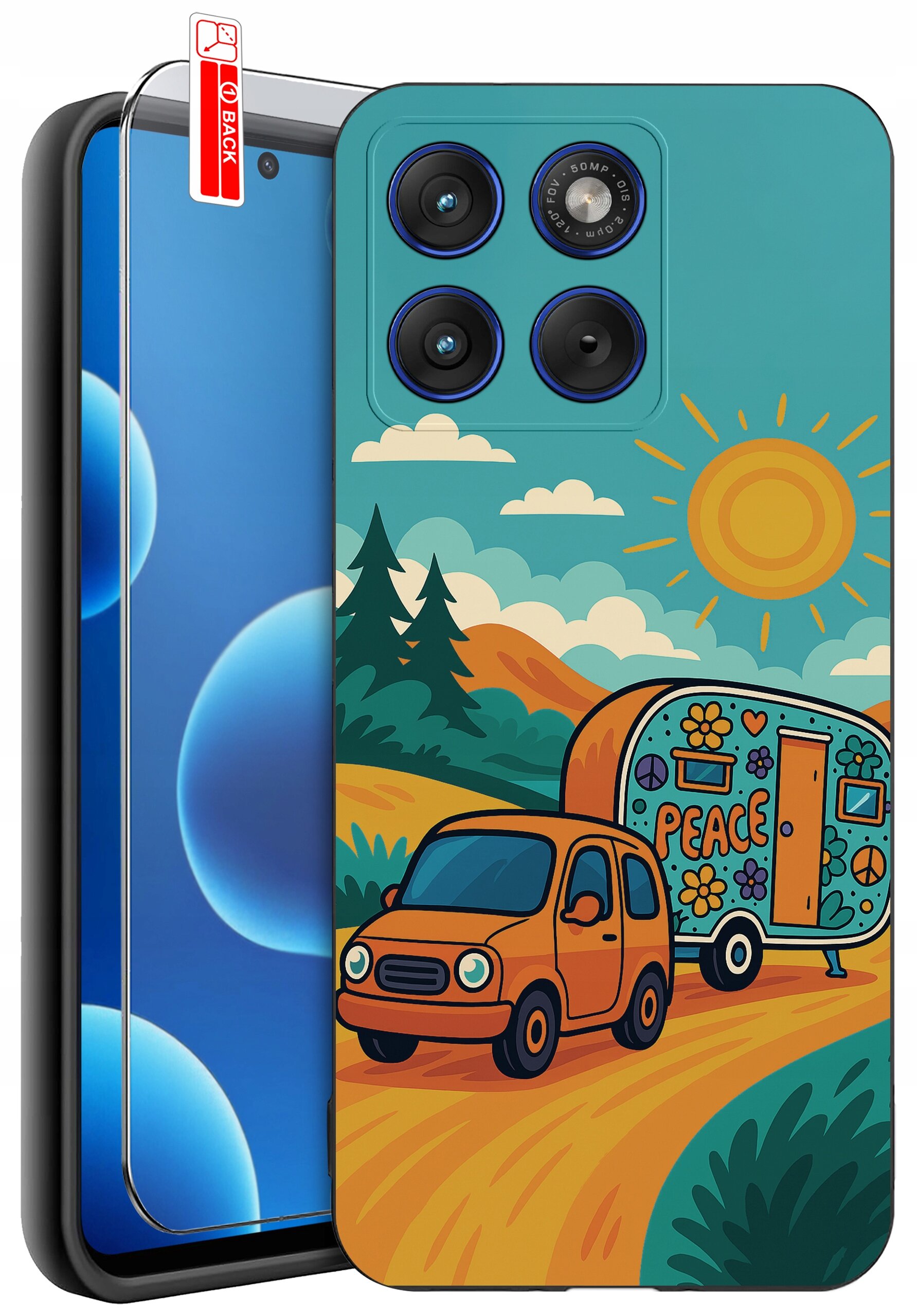 Etui na telefon z kolorowym wzorem przedstawiającym samochód ciągnący przyczepę z napisem \'PEACE\' na tle krajobrazu z górami i słońcem. Obok etui znajduje się szkło ochronne z oznaczeniem \'BACK\'.