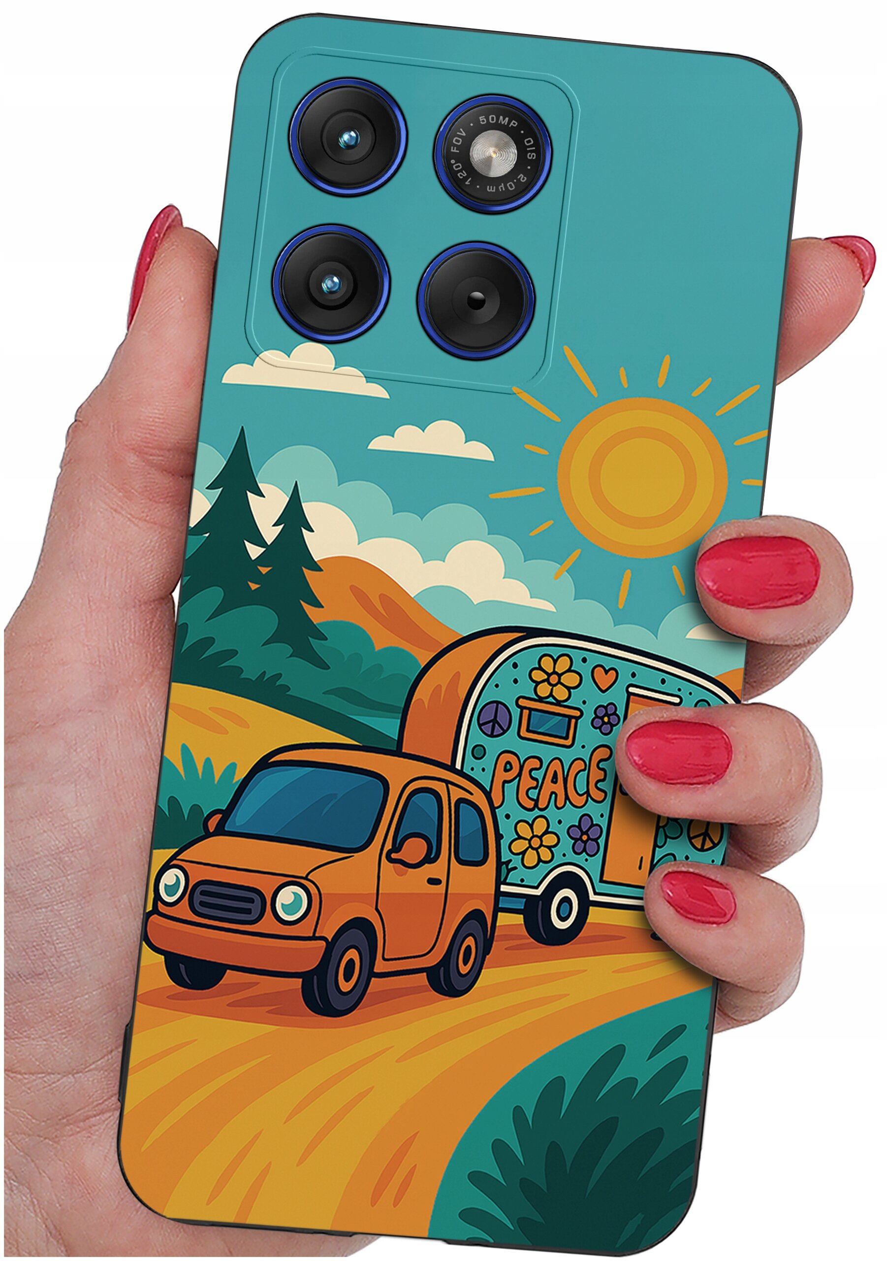 Etui na telefon z kolorowym wzorem przedstawiającym samochód z przyczepą na tle krajobrazu z górami i słońcem. Na przyczepie widoczny jest napis \'PEACE\'.
