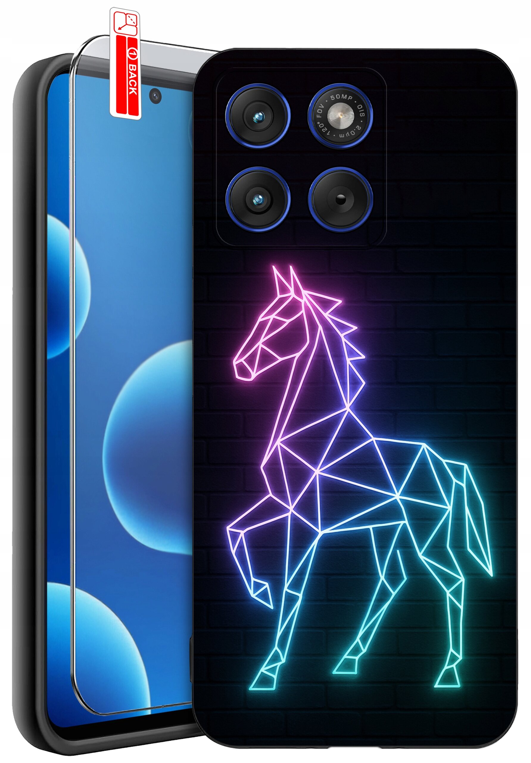 Etui na telefon z neonowym wzorem konia w geometrycznym stylu na ciemnym tle. Obok widoczne jest szkło ochronne z napisem \'BACK\'.