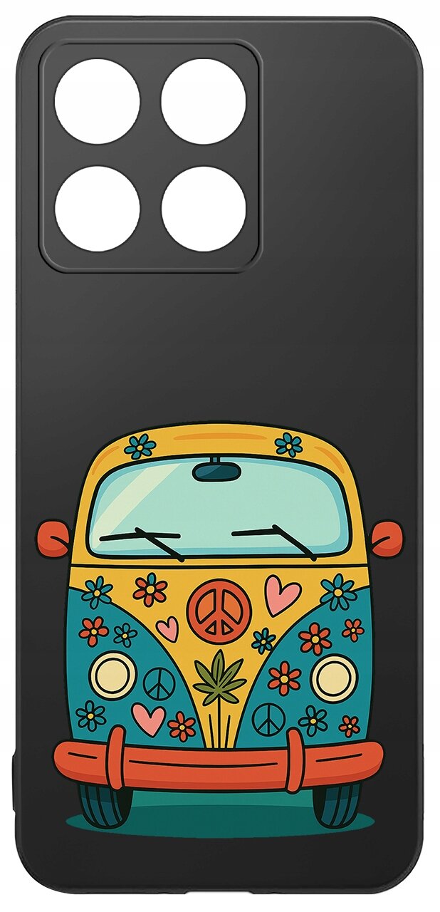 Etui na telefon z kolorowym wzorem przedstawiającym stylizowany samochód ozdobiony kwiatami, sercami i symbolami pokoju. Etui ma wycięcia na cztery obiektywy aparatu.
