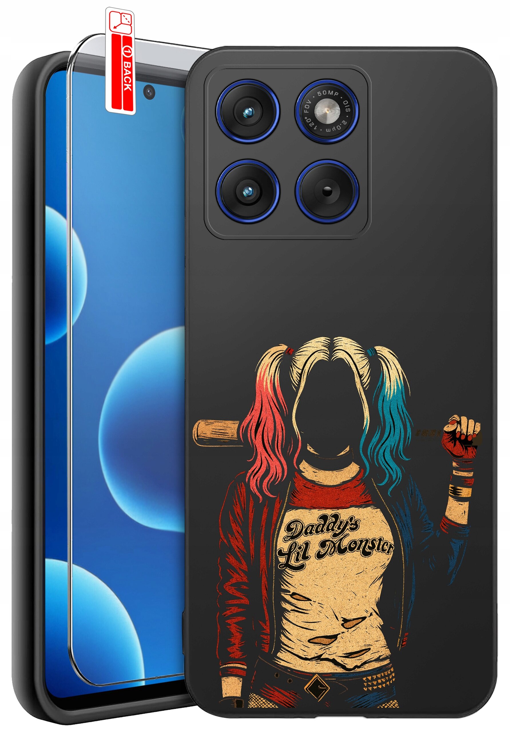 Etui na telefon z grafiką postaci z kolorowymi włosami i napisem \'Daddy\'s Lil Monster\'. Obok etui znajduje się szkło ochronne z oznaczeniem \'BACK\'.