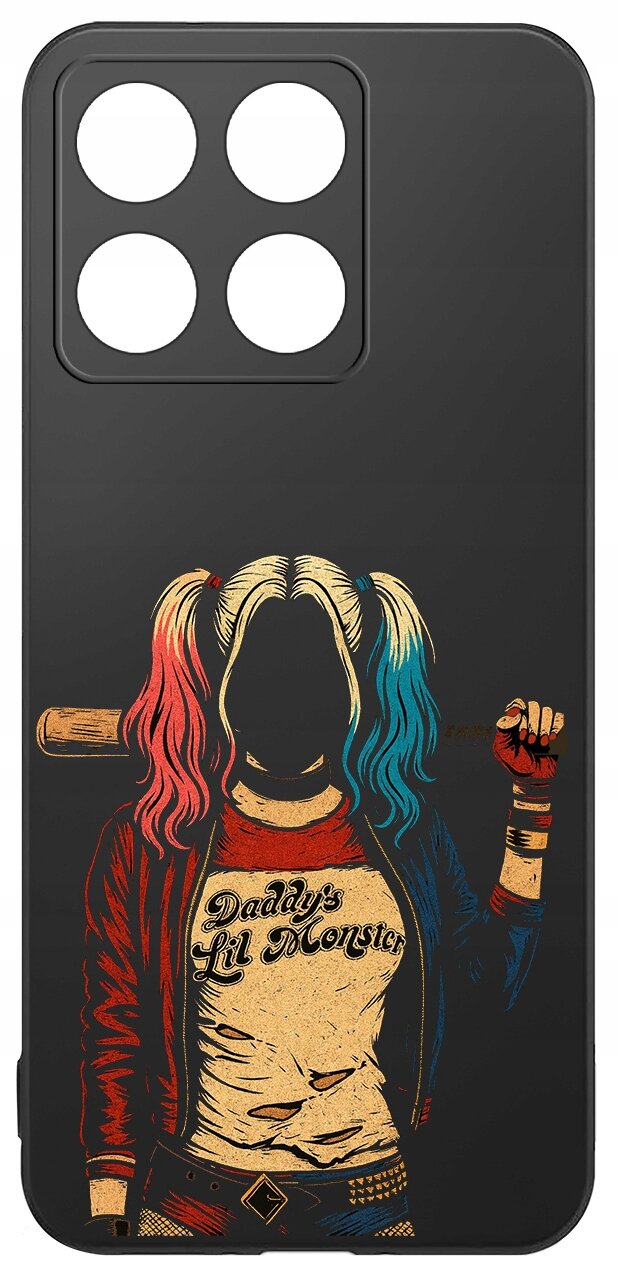 Etui na telefon z grafiką przedstawiającą postać z dwukolorowymi włosami, trzymającą kij baseballowy. Na koszulce widoczny jest napis \'Daddy\'s Lil Monster\'.