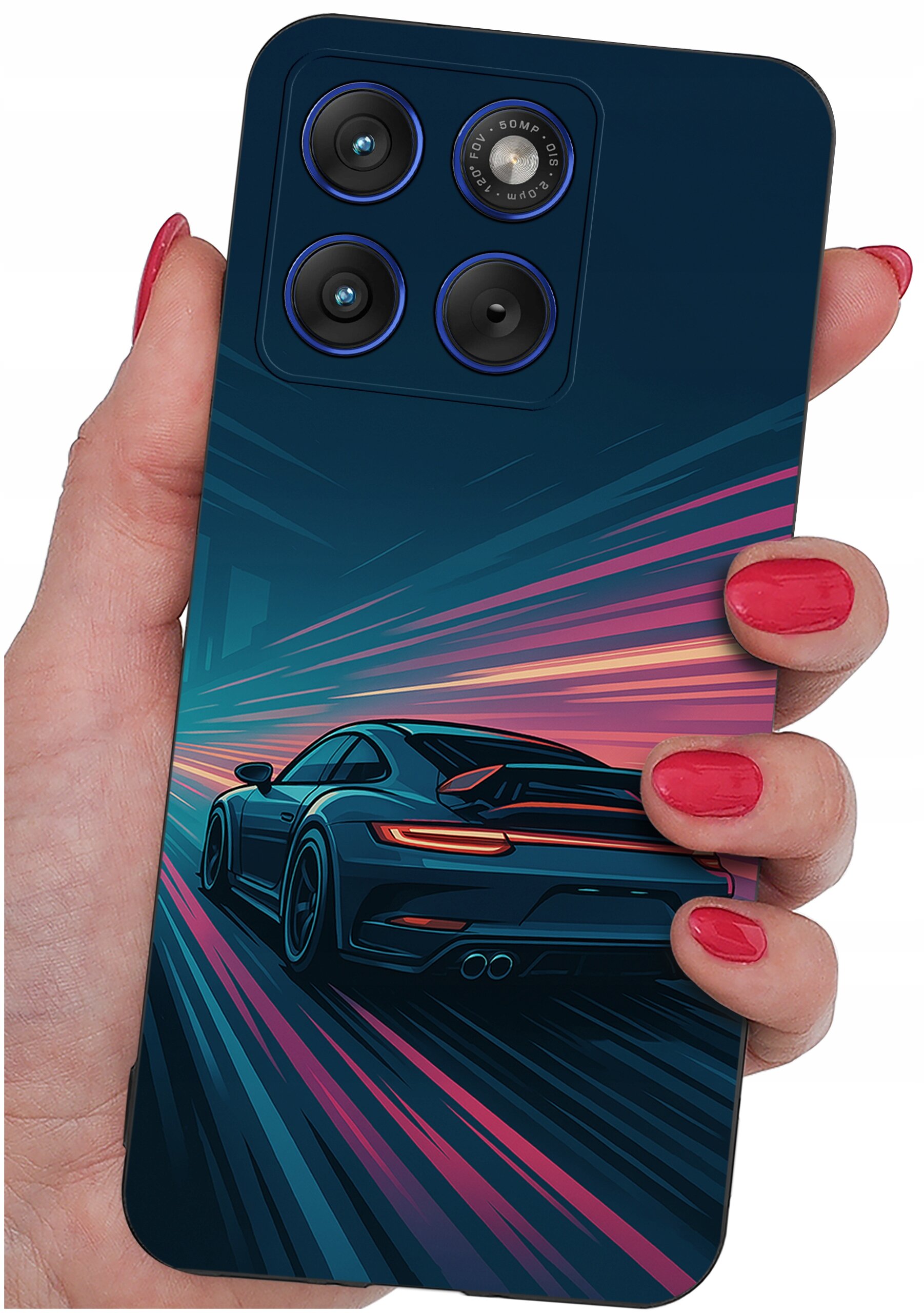 Etui na telefon z grafiką przedstawiającą samochód sportowy na tle dynamicznych, kolorowych linii. Widać trzy obiektywy aparatu oraz napis \'48MP 1:1.6\'.