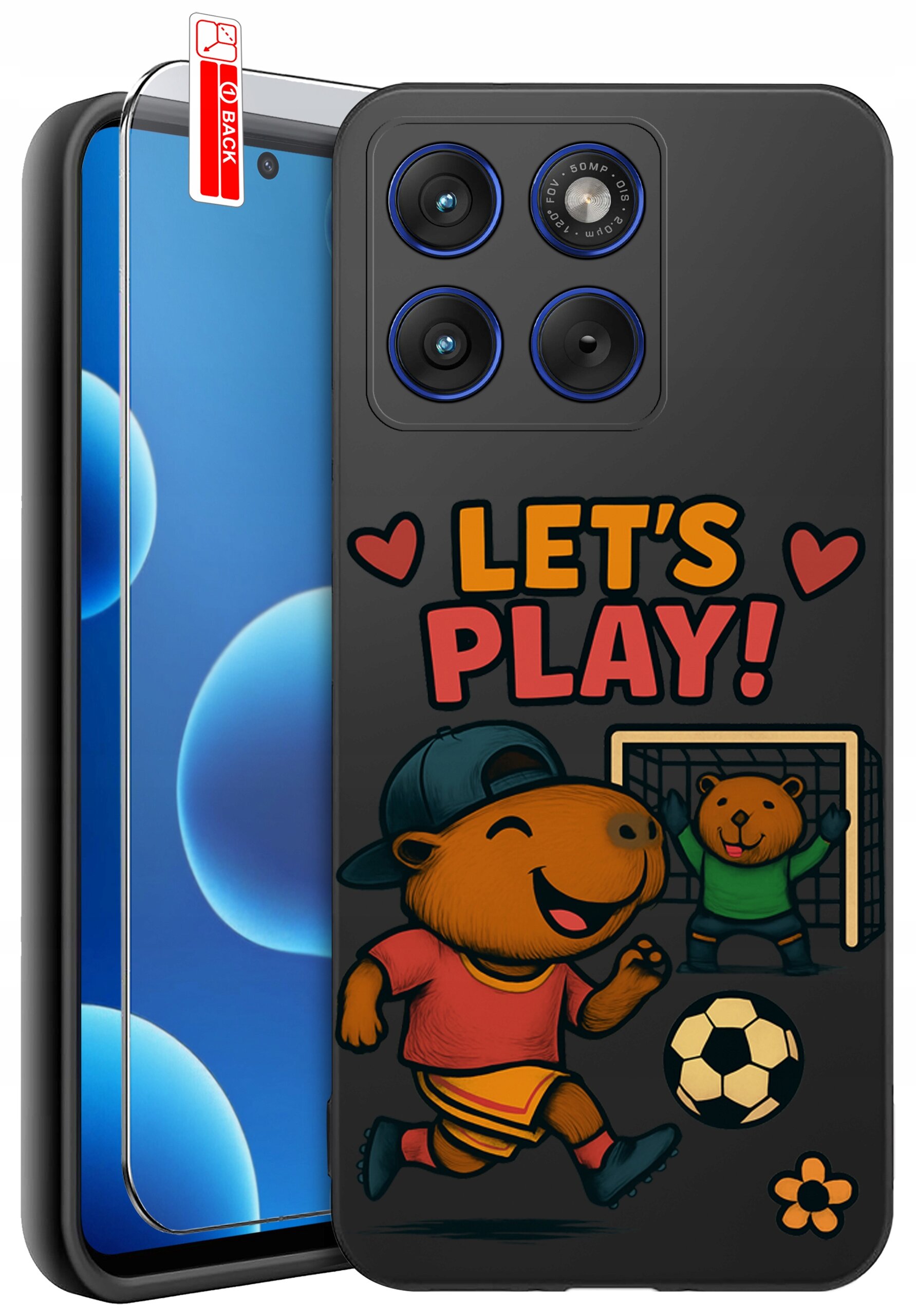 Etui na telefon z grafiką przedstawiającą zwierzęta grające w piłkę nożną oraz napis \'LET\'S PLAY!\'. Obok etui znajduje się szkło ochronne z oznaczeniem \'BACK\'.
