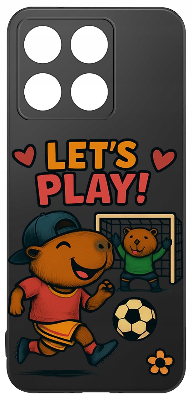 Etui na telefon z grafiką przedstawiającą zwierzęta grające w piłkę nożną oraz napisem \'LET\'S PLAY!\'.