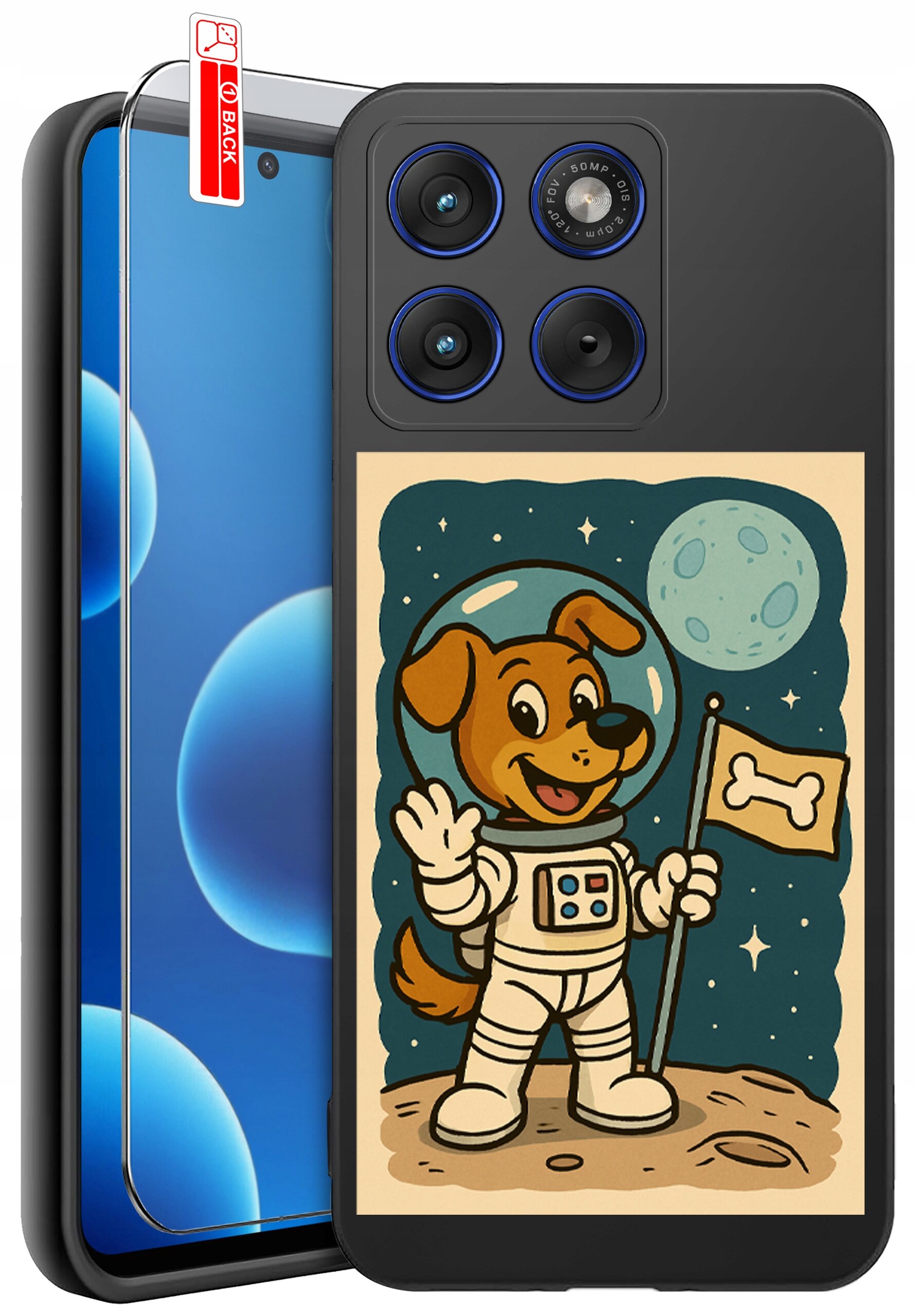Etui na telefon z grafiką psa w skafandrze kosmicznym, trzymającego flagę z kością na tle księżyca. Obok widoczna jest osłona ekranu z napisem \'BACK\'.