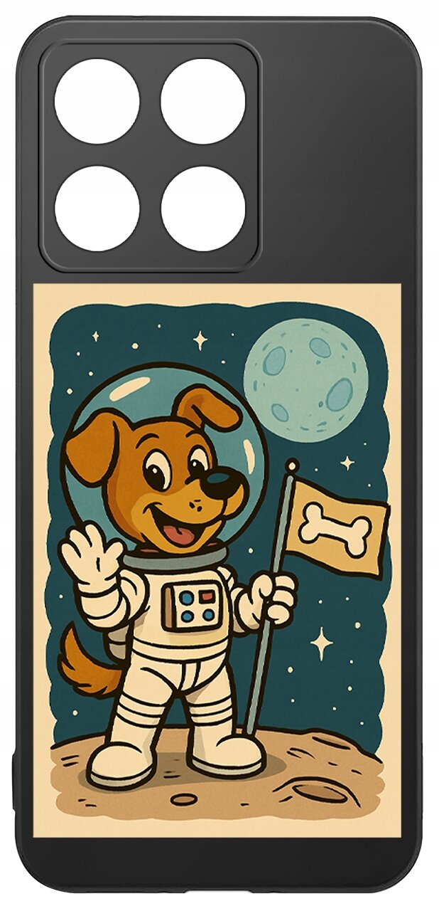 Etui na telefon z grafiką psa w skafandrze kosmicznym, trzymającego flagę z kością na tle księżyca i gwiazd.