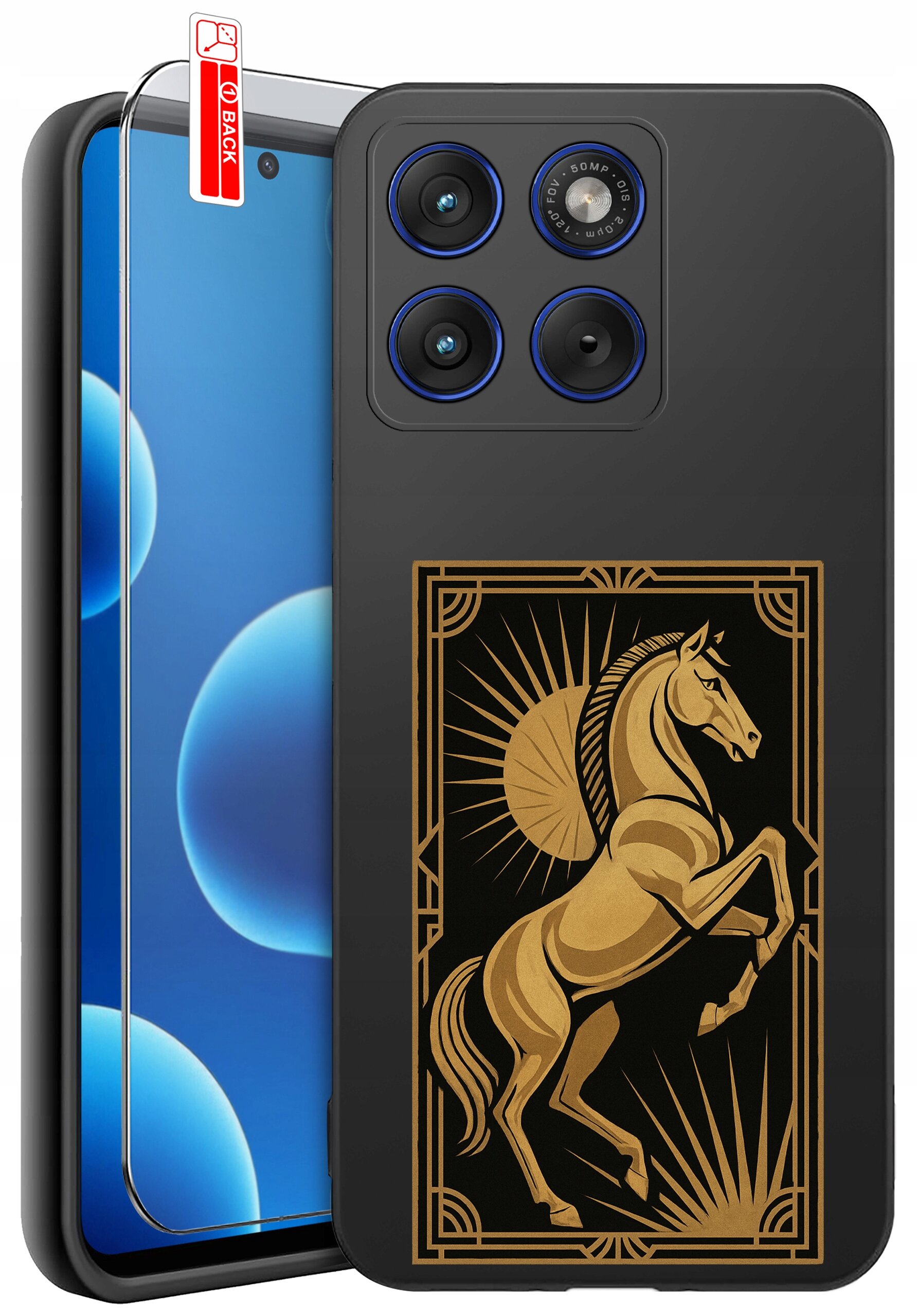 Etui na telefon z czarnym tłem i złotym wzorem przedstawiającym konia w ozdobnej ramce. Obok znajduje się szkło ochronne z etykietą \'BACK\'.