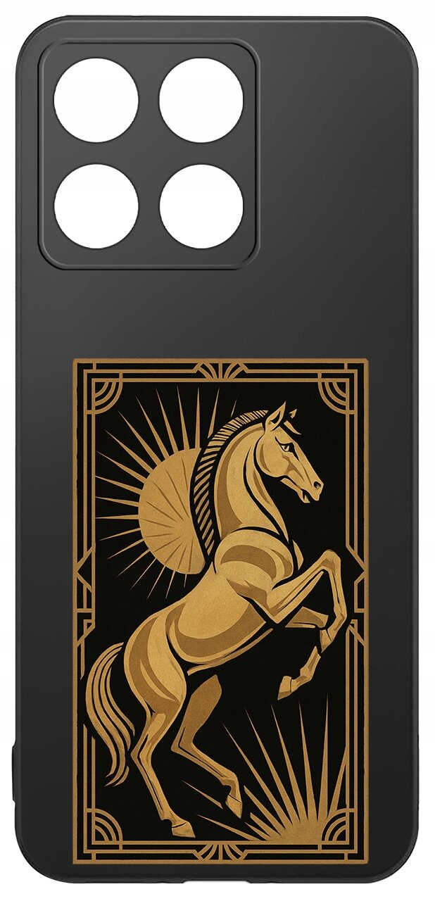 Czarne etui z grafiką złotego konia w stylu art deco, z czterema otworami na aparat w górnej części.