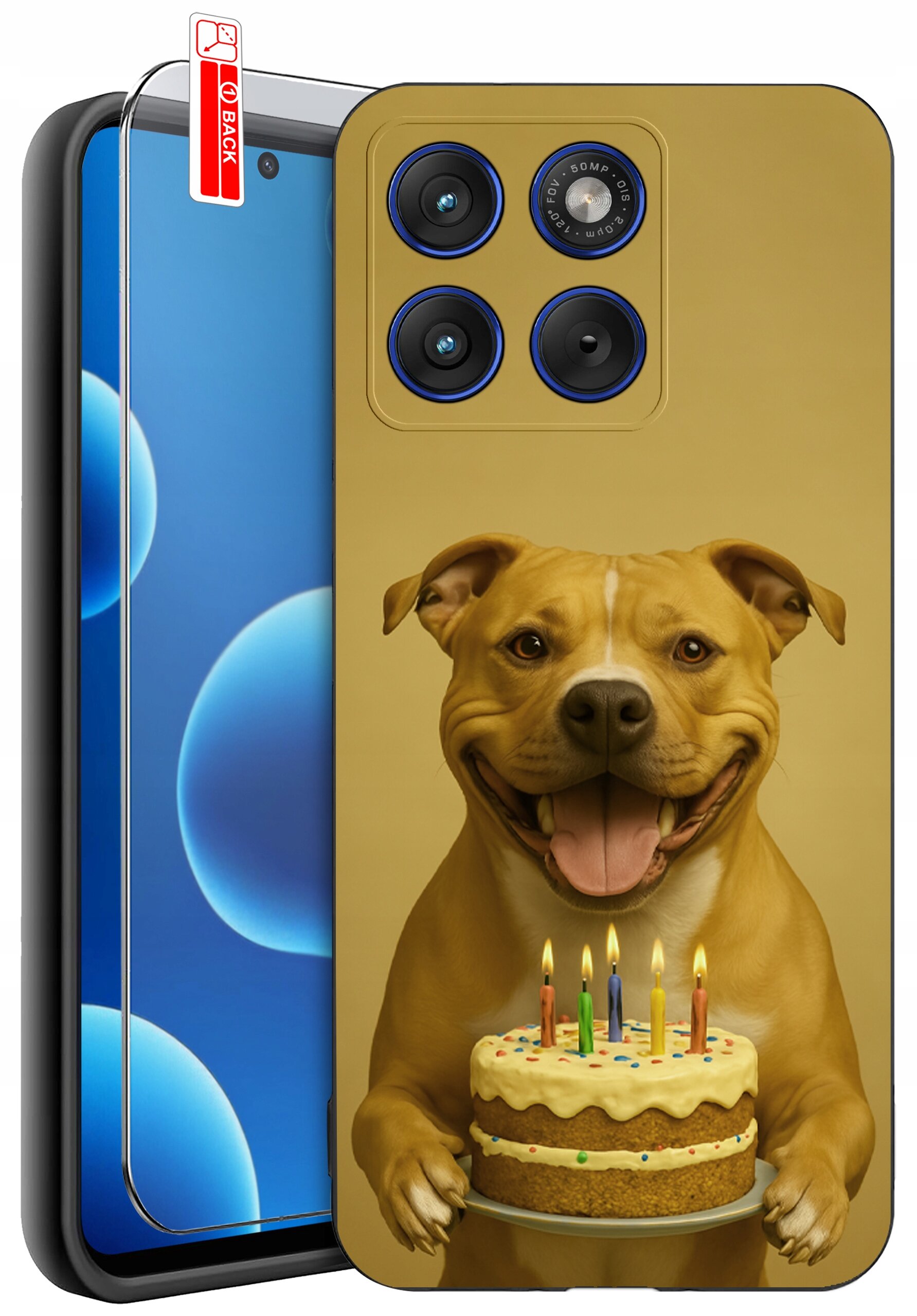 Etui na telefon z nadrukiem psa trzymającego tort urodzinowy z zapalonymi świeczkami. Obok widoczna jest ochrona ekranu z napisem \'BACK\'.