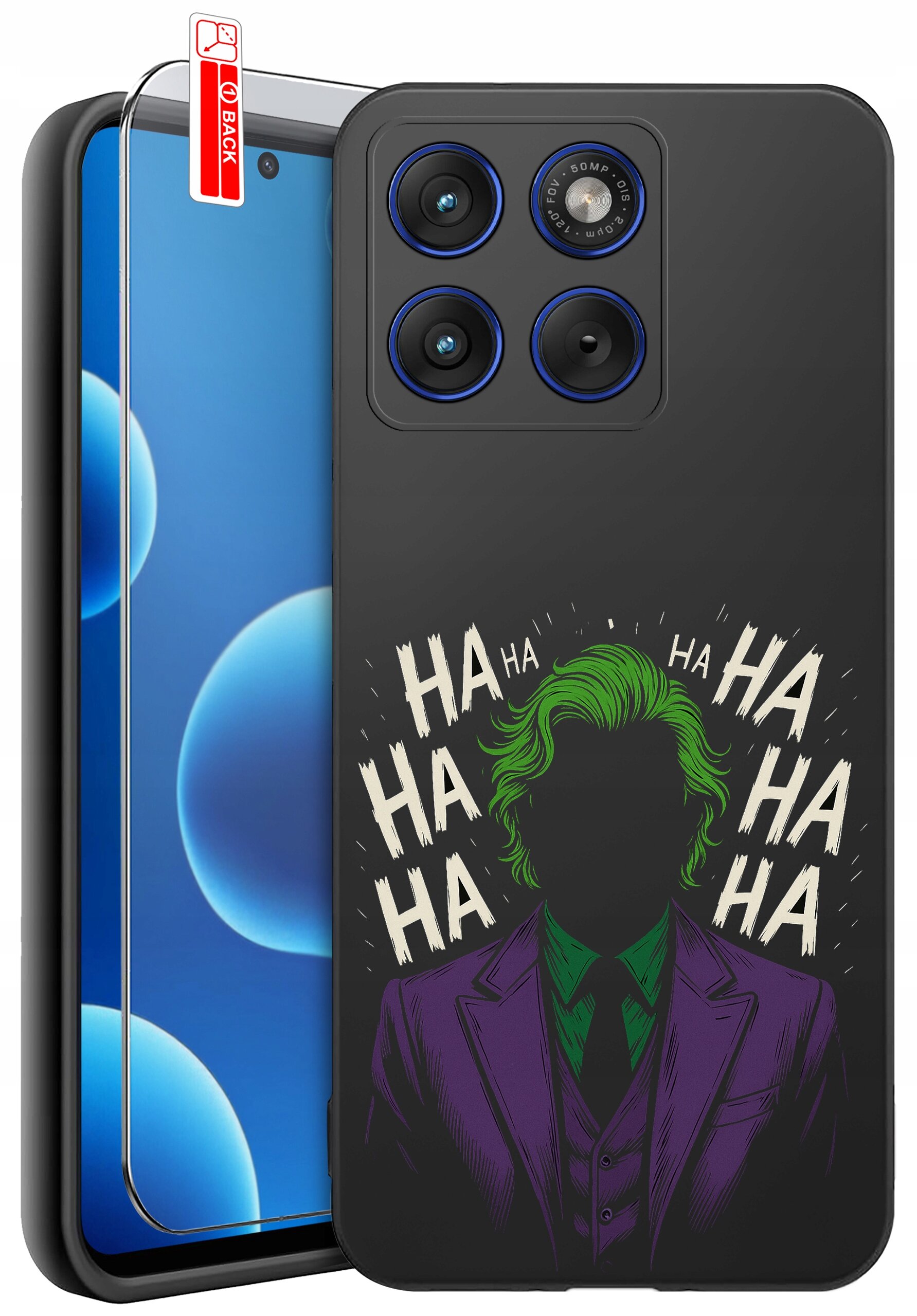 Obraz przedstawia etui na telefon z kolorowym nadrukiem postaci w garniturze oraz napisem \'HA HA HA\'. Obok znajduje się szkło ochronne z oznaczeniem \'BACK\'.