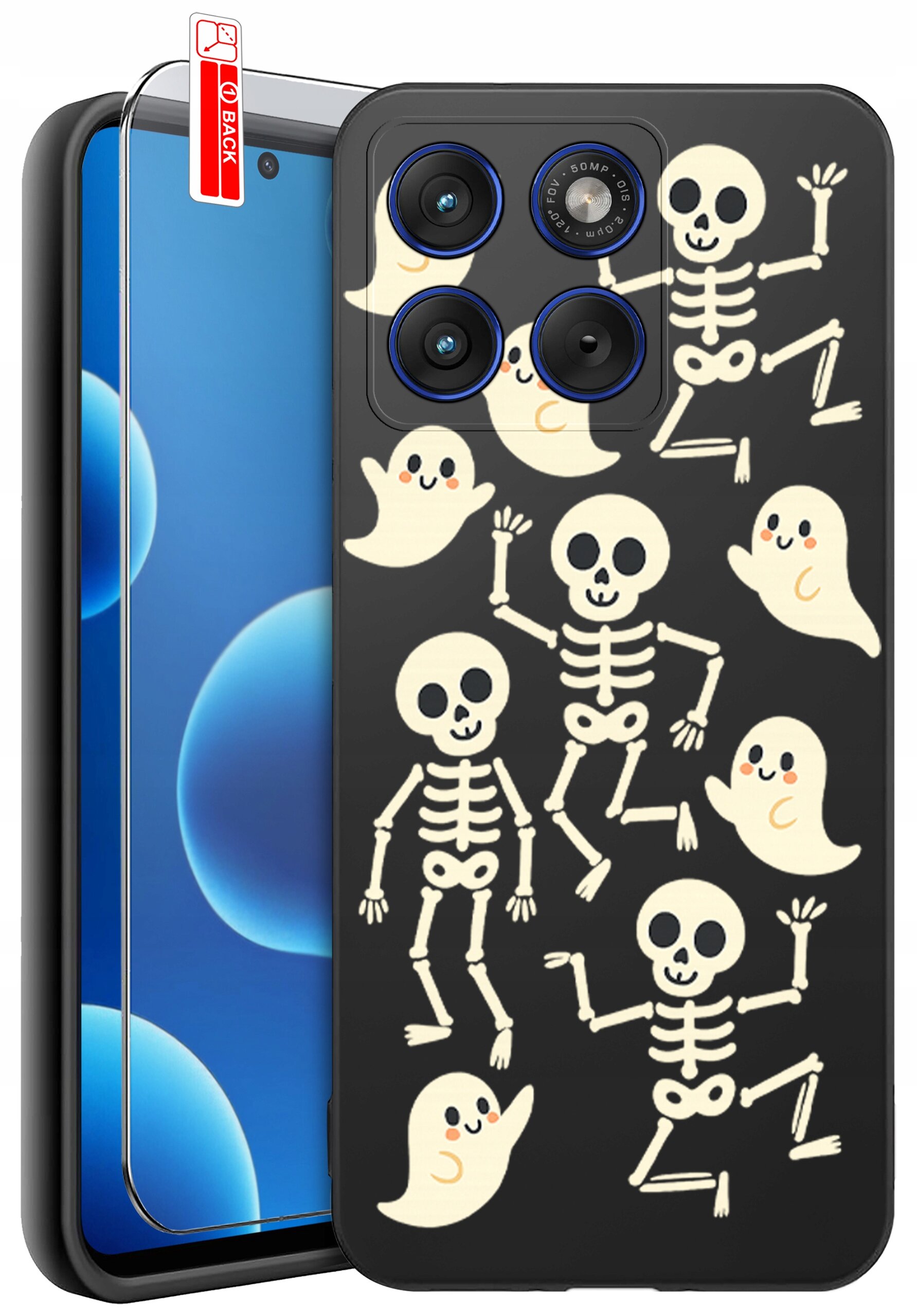 Etui na telefon z czarnym tłem, ozdobione wzorami białych szkieletów i duchów. Obok etui znajduje się szkło ochronne z napisem \'BACK\'.