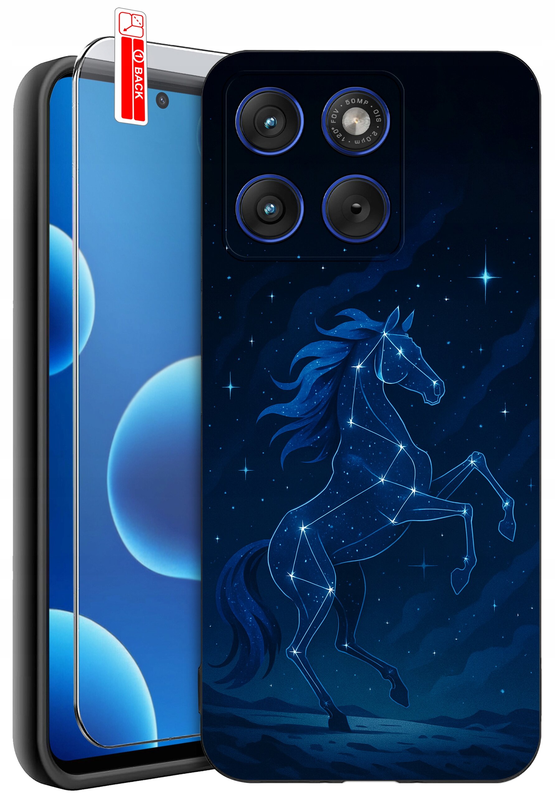 Etui na telefon z grafiką konstelacji w kształcie konia na tle nocnego nieba. Obok widoczne jest szkło ochronne z oznaczeniem \'BACK\'.