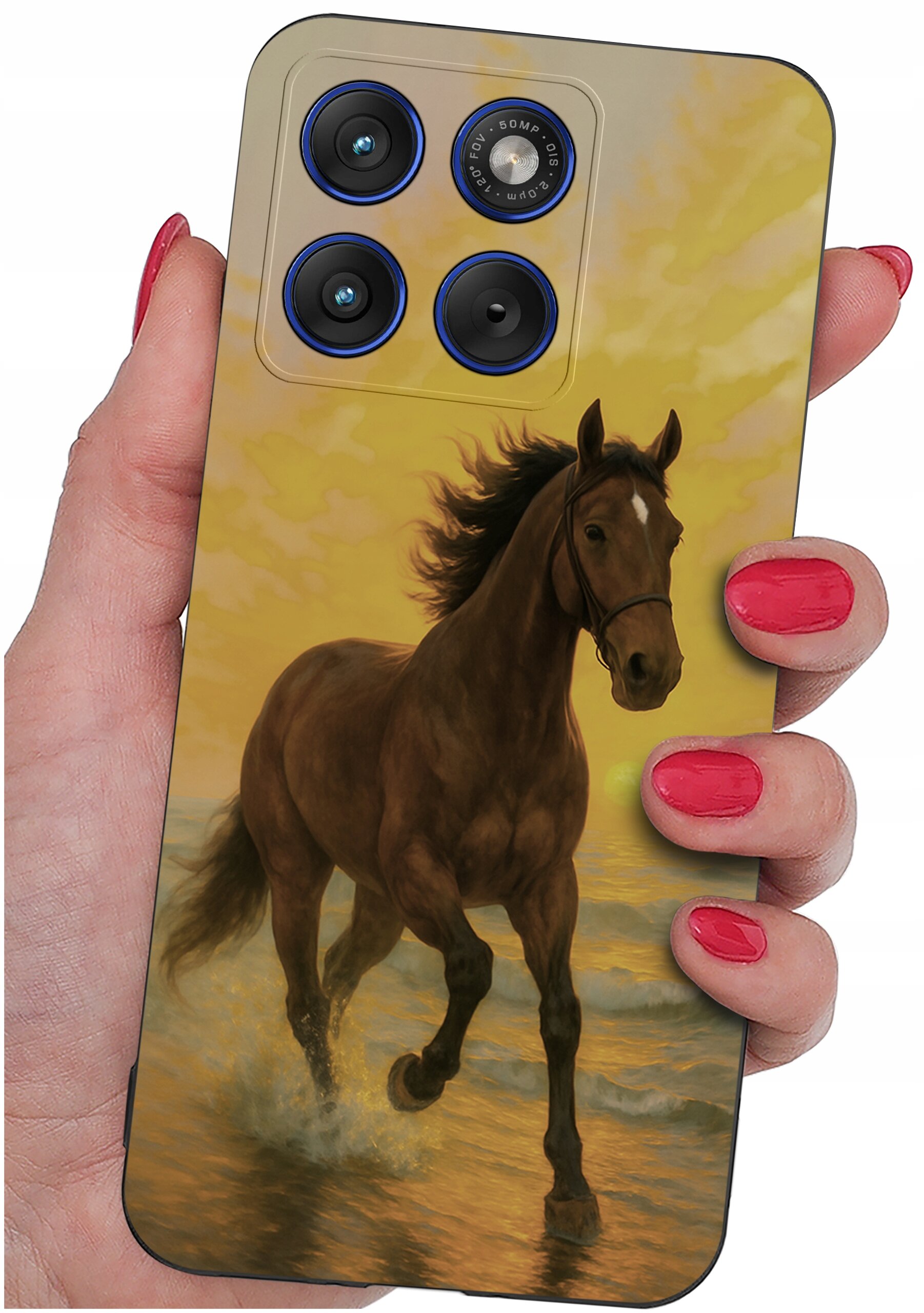 Etui na telefon z nadrukiem galopującego konia na tle zachodzącego słońca. Widać trzy obiektywy aparatu z niebieskimi akcentami oraz napis \'48MP 1:1.8\'.