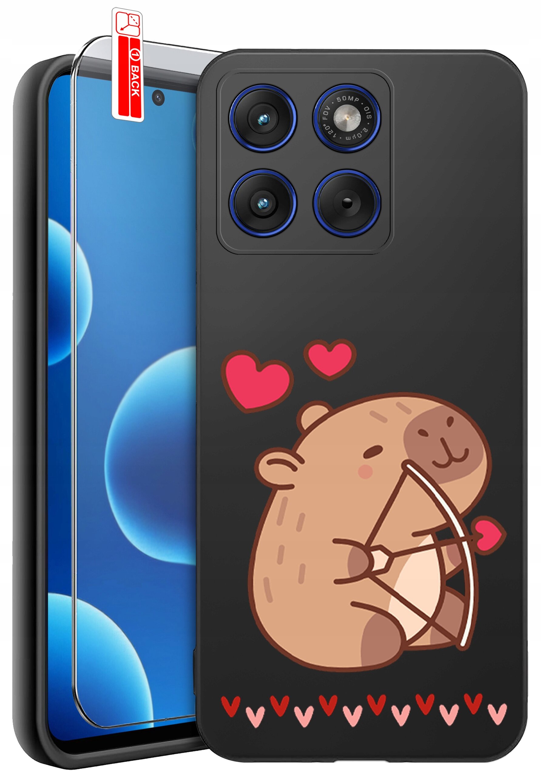 Etui na telefon z grafiką przedstawiającą uśmiechniętego zwierzątka z łukiem i sercami. Obok znajduje się szkło ochronne z napisem \'BACK\'.