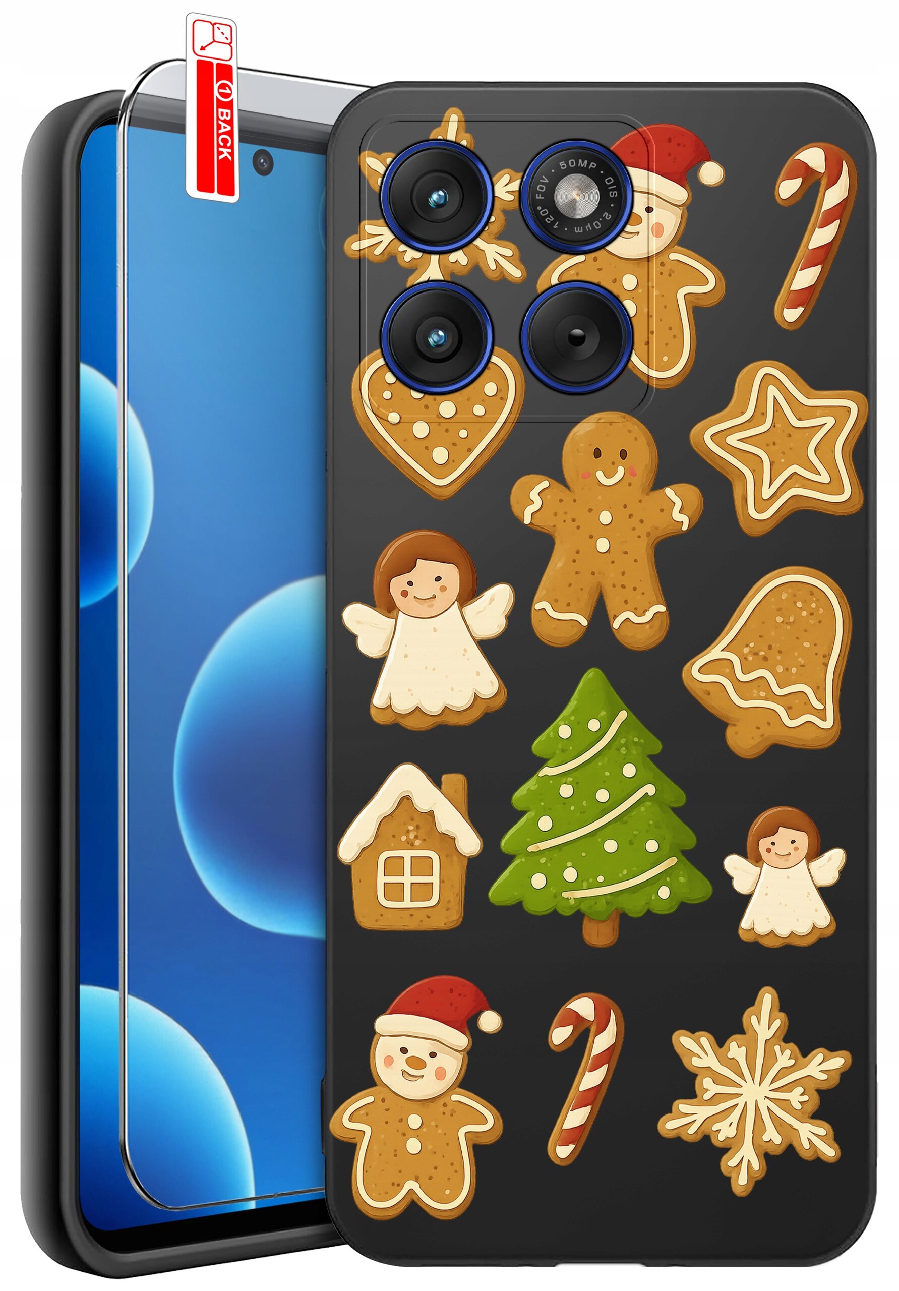 Etui na telefon z motywem świątecznych pierników, w tym choinki, aniołków i ludzików, oraz szkło ochronne z oznaczeniem \'BACK\'.