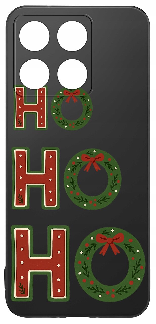 Czarne etui z wycięciami na aparat, ozdobione napisem \'HO HO HO\', gdzie litery \'O\' są zastąpione zielonymi wieńcami z czerwonymi kokardkami.