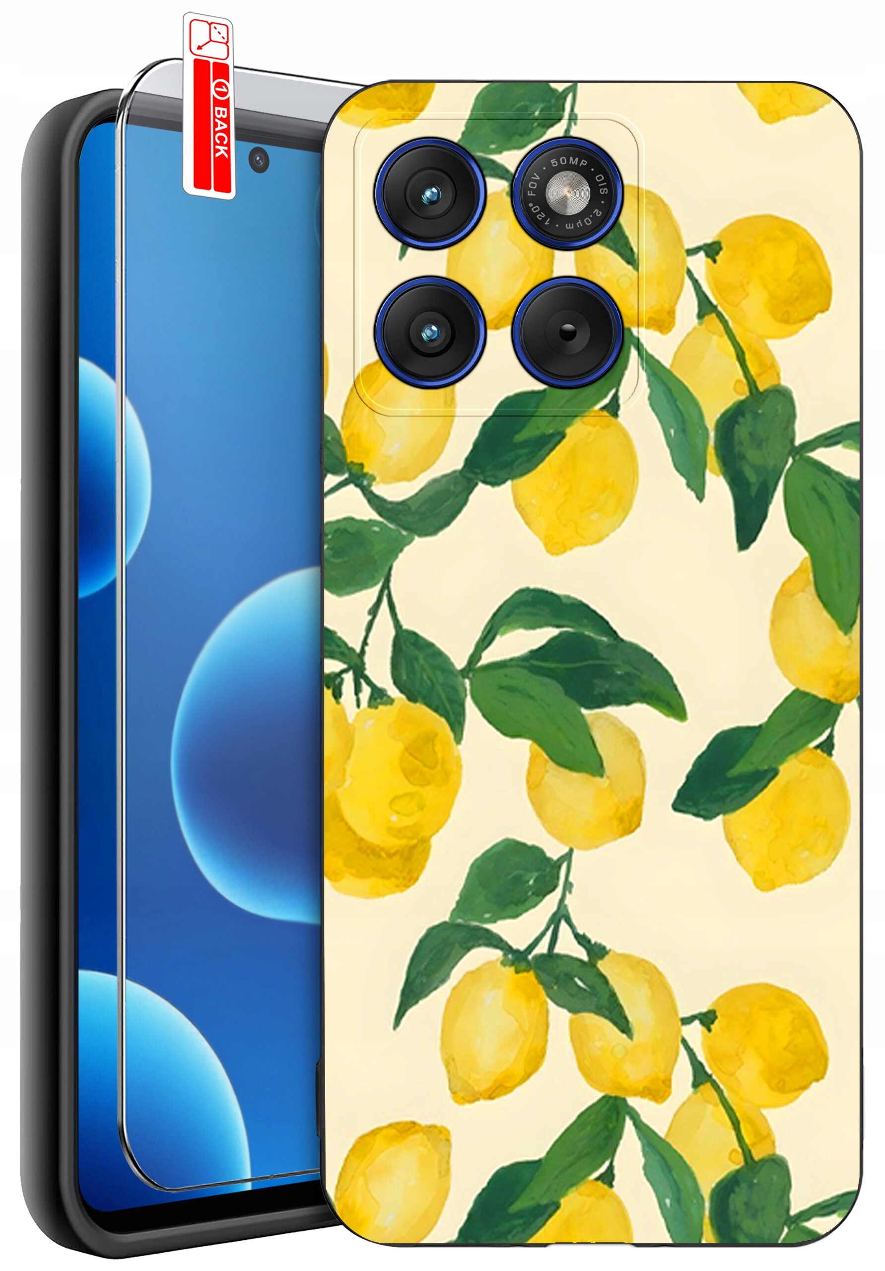 Etui na telefon z wzorem cytryn na jasnym tle, obok którego znajduje się szkło ochronne z napisem \'BACK\'.