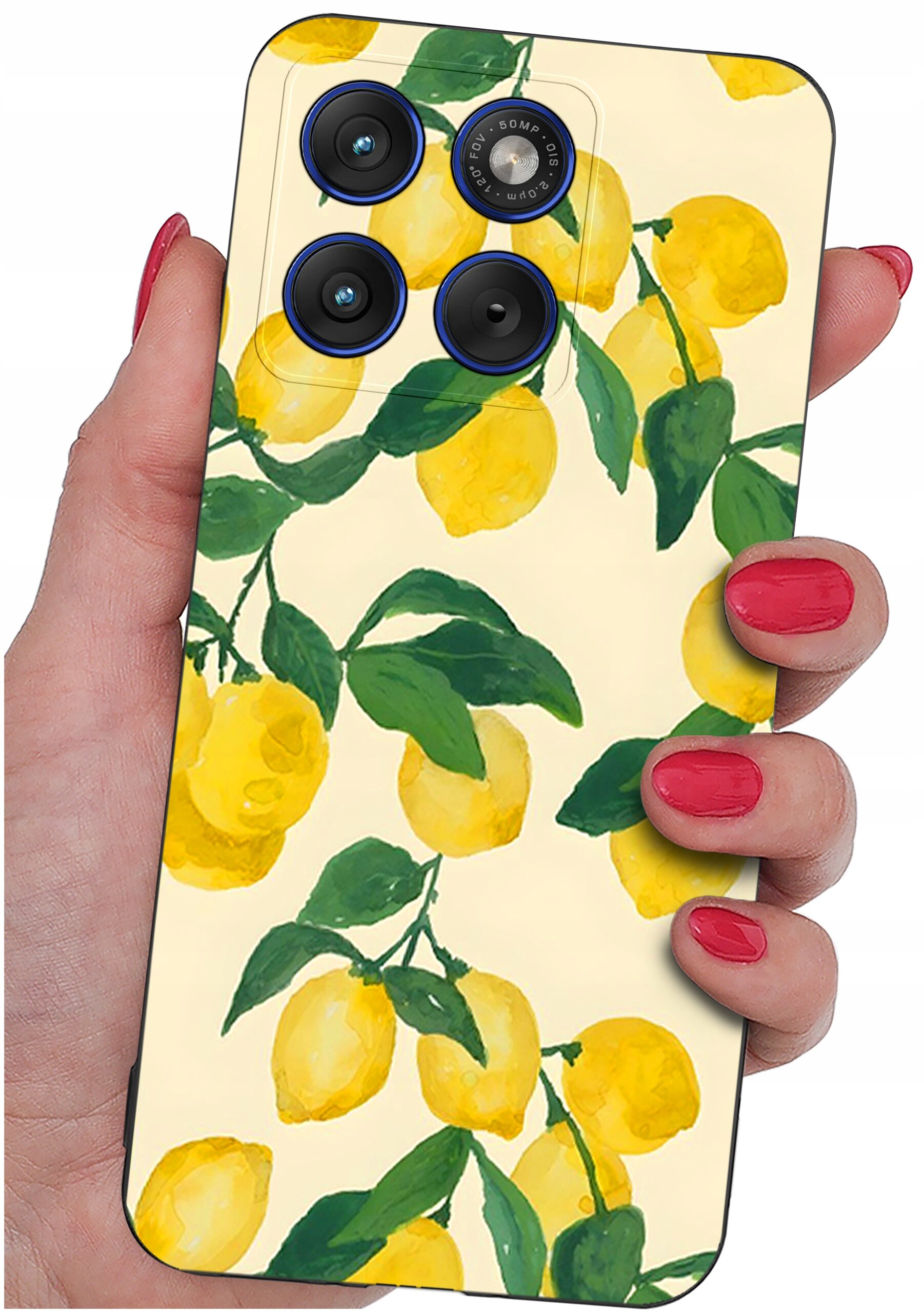 Etui na telefon z wzorem cytryn i zielonych liści, trzymane w dłoni z pomalowanymi na czerwono paznokciami. Widoczne są trzy obiektywy aparatu oraz napis \'48MP\'.