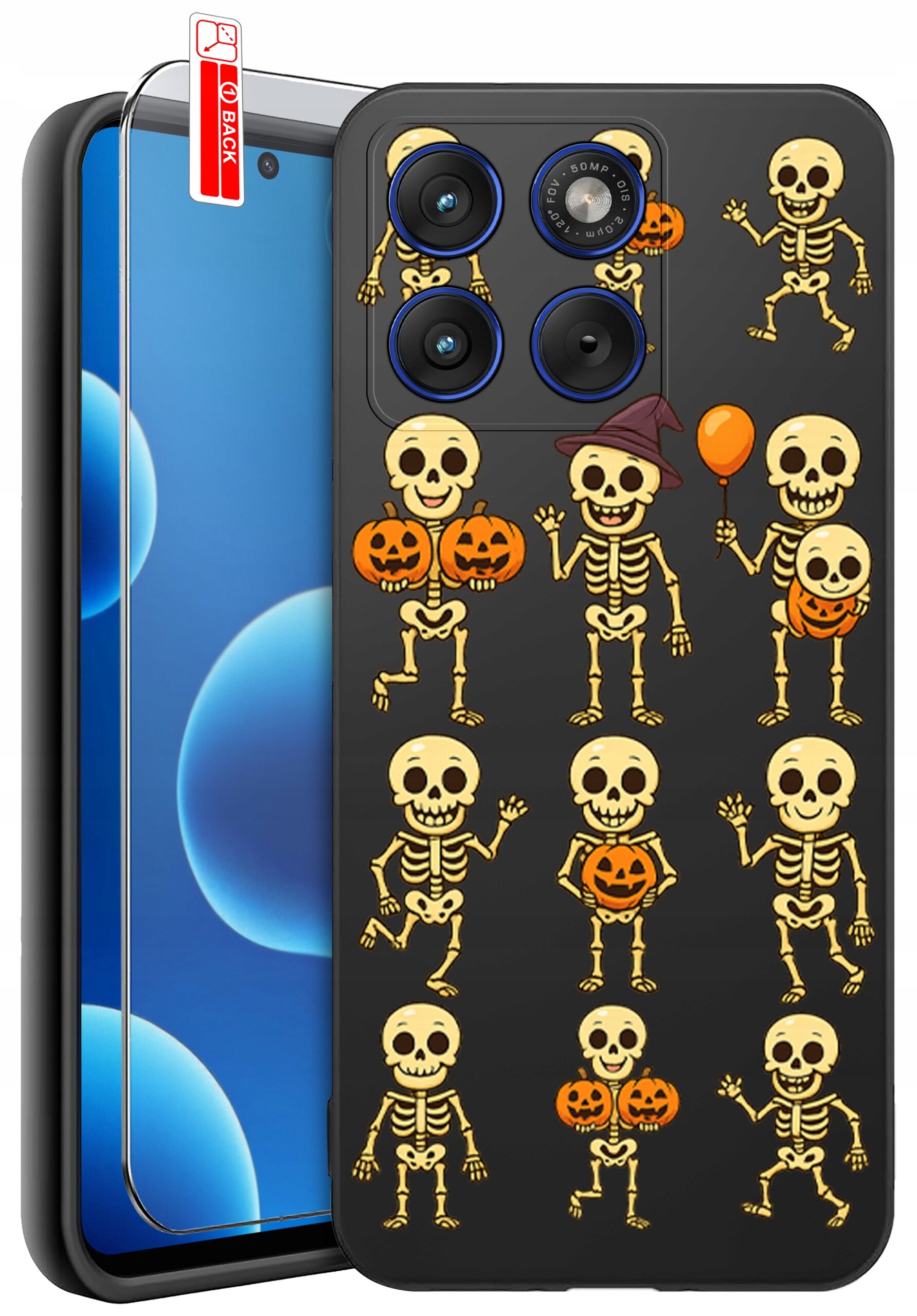 Etui na telefon z motywem szkieletów i dyni, z przezroczystą osłoną na ekran z napisem \'BACK\'.