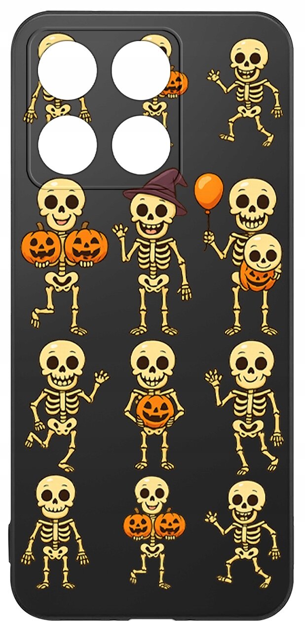 Etui na telefon z czarnym tłem, ozdobione wzorami szkieletów i dyni w stylu Halloween. Szkielety są w różnych pozach, a jeden z nich trzyma pomarańczowy balon.