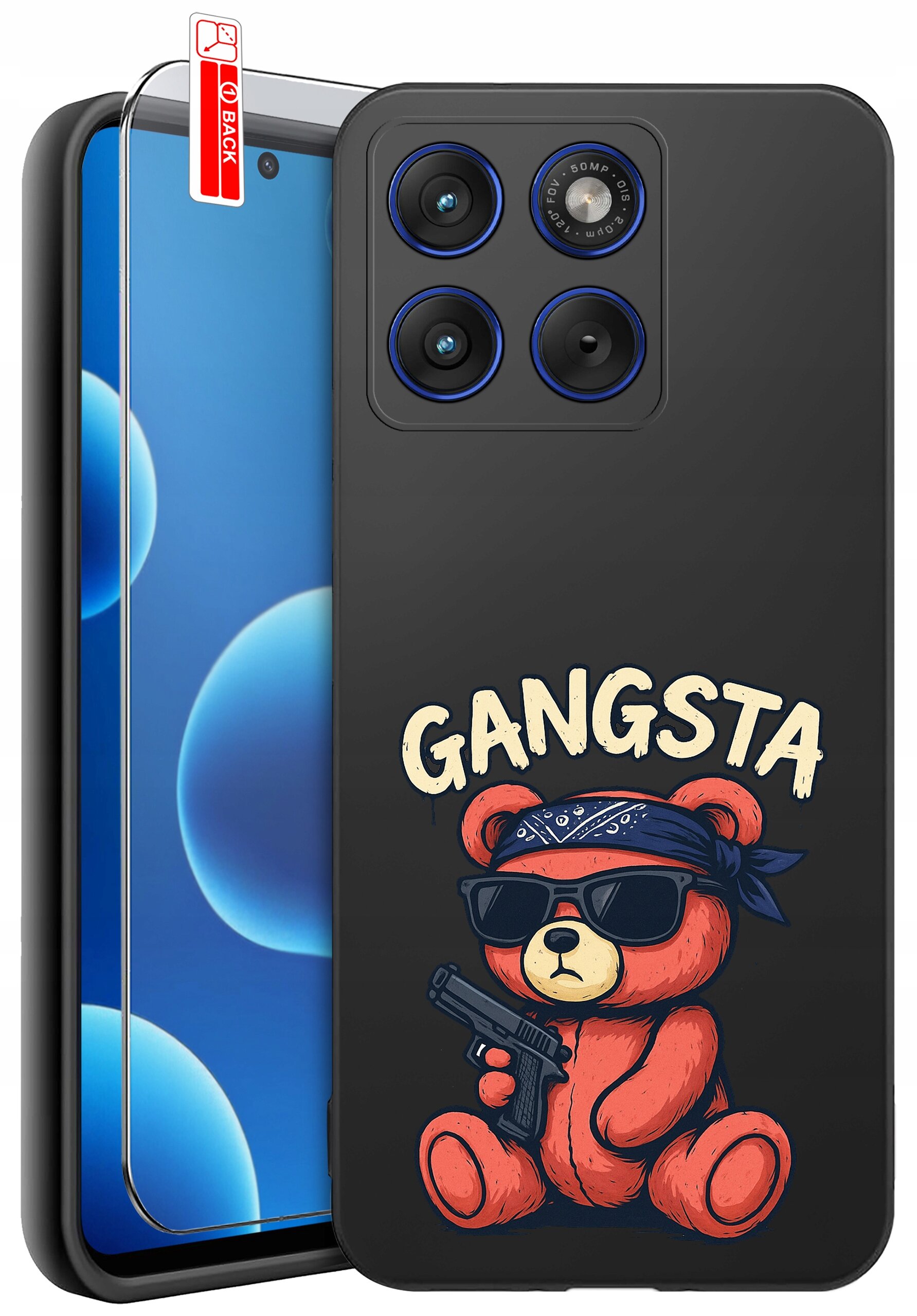Etui na telefon z nadrukiem misia w okularach przeciwsłonecznych, trzymającego pistolet, z napisem \'GANGSTA\'. Obok etui znajduje się szkło ochronne z oznaczeniem \'BACK\'.